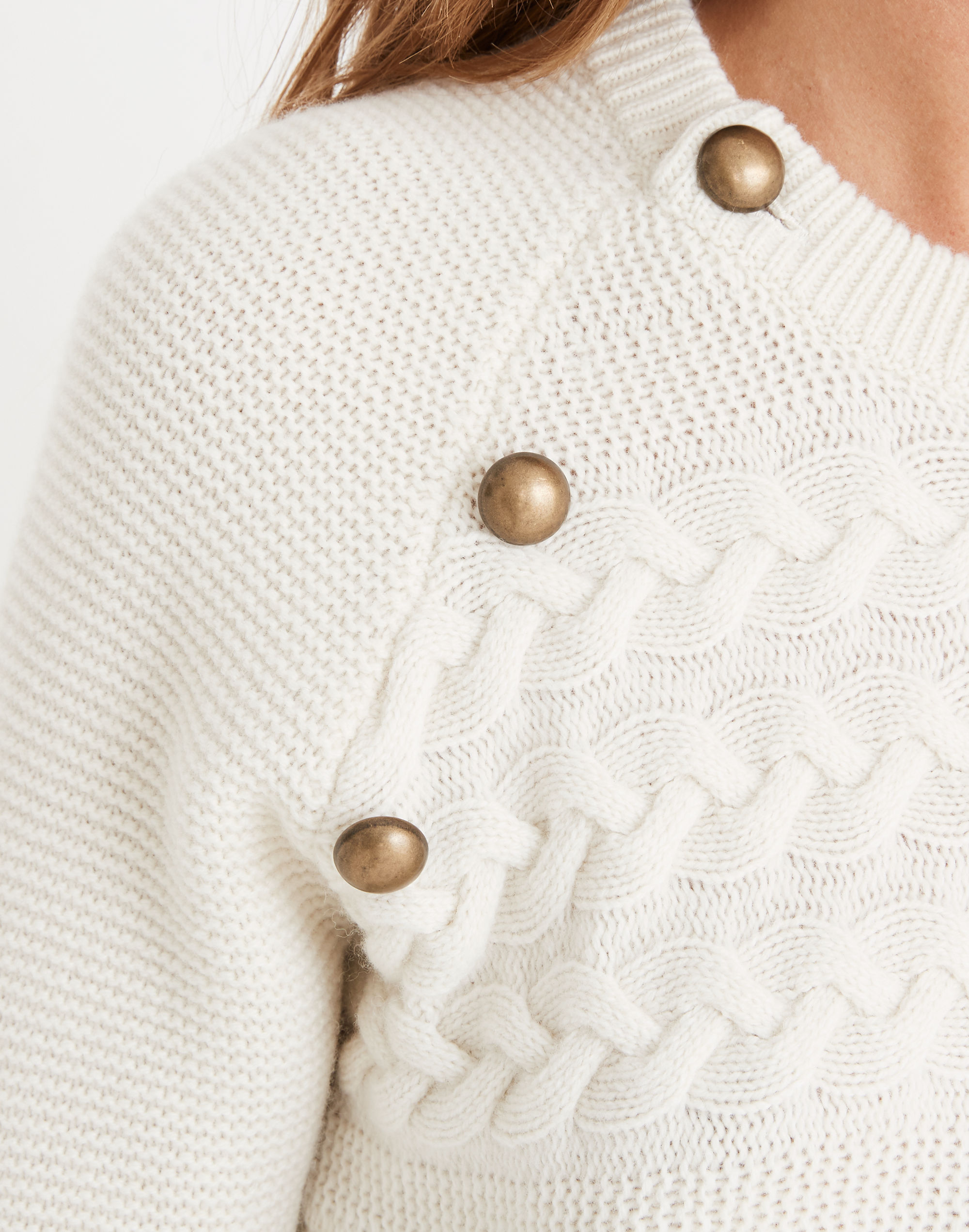 Button-Detail Cableknit Pullover Sweater
