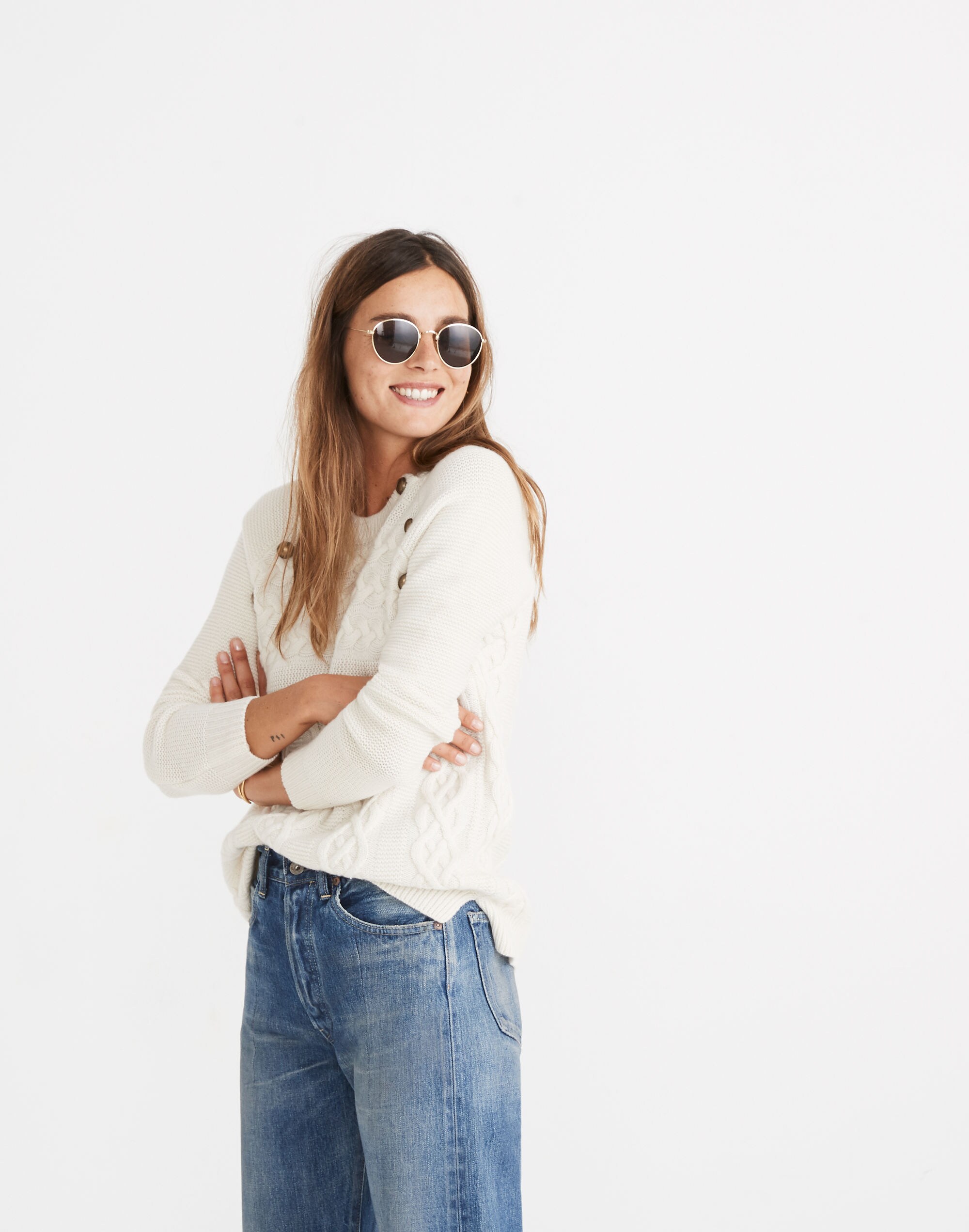 Button-Detail Cableknit Pullover Sweater