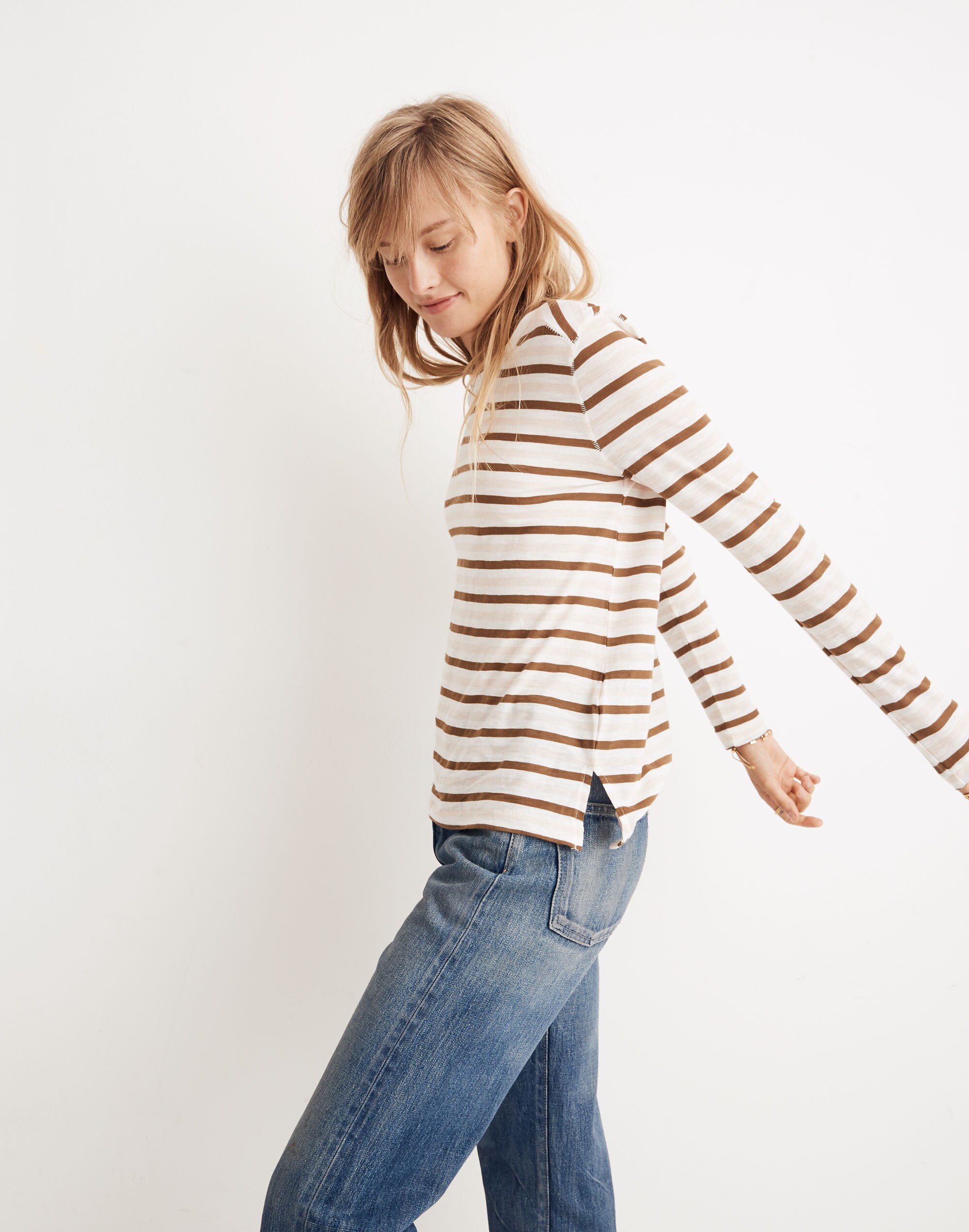 Whisper Cotton Long-Sleeve Crewneck Tee in Myers Stripe