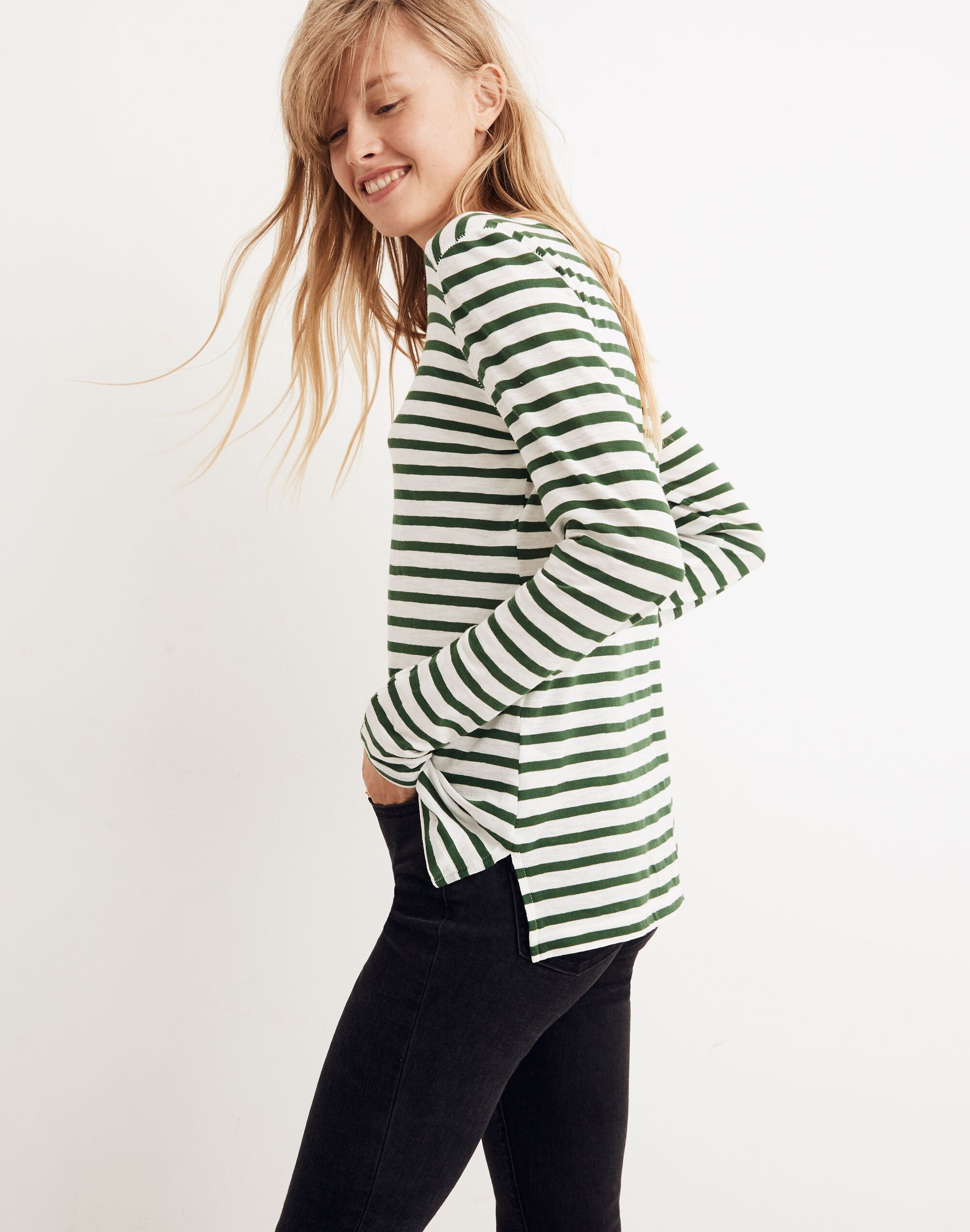 Whisper Cotton Long-Sleeve Crewneck Tee in Lomita Stripe