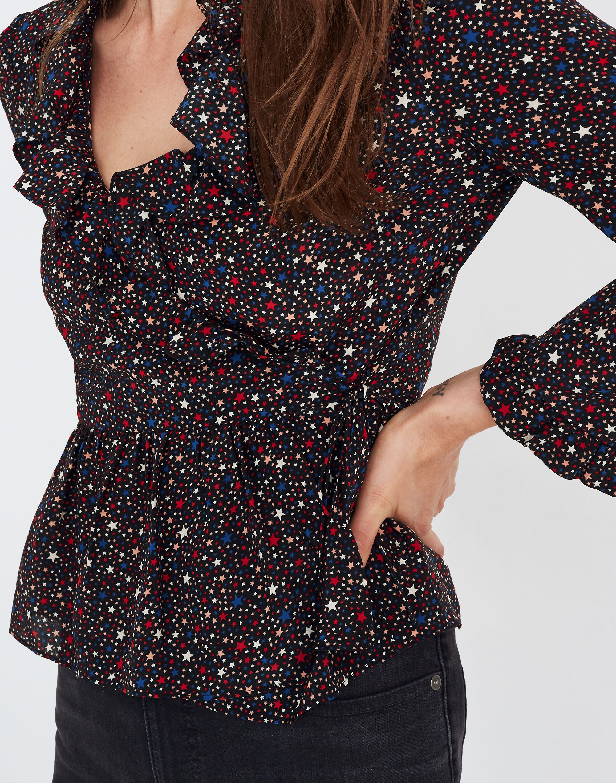 Silk Ruffle-Hem Wrap Top in Starry Night