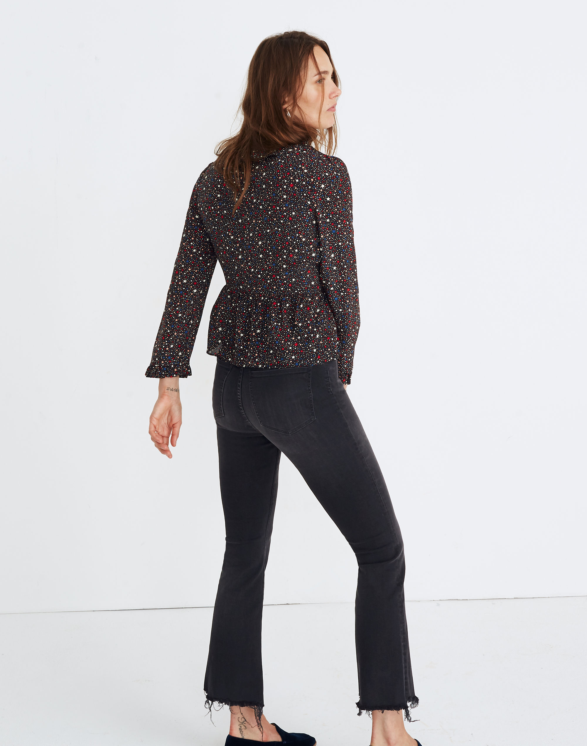 Silk Ruffle-Hem Wrap Top in Starry Night