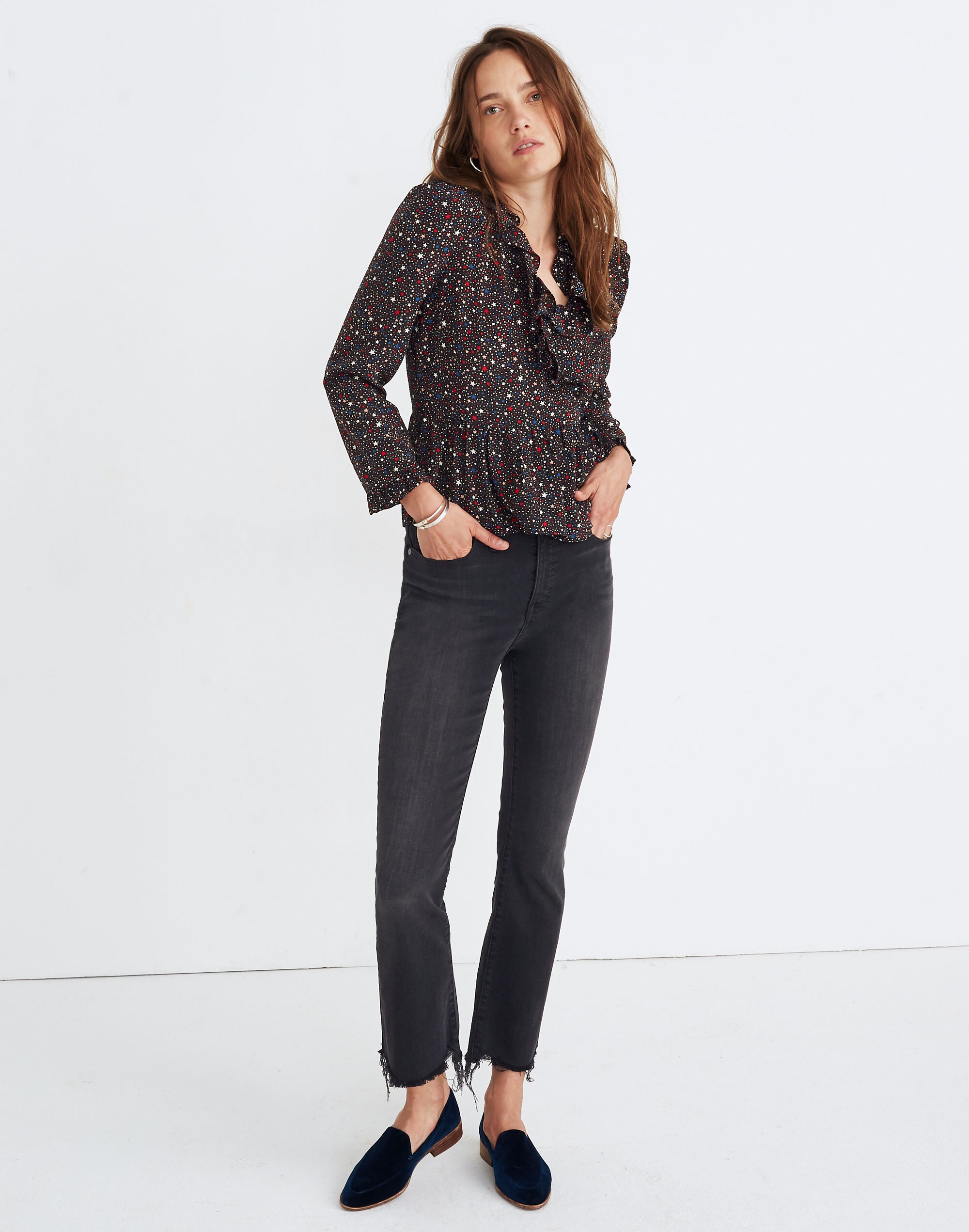 Silk Ruffle-Hem Wrap Top in Starry Night