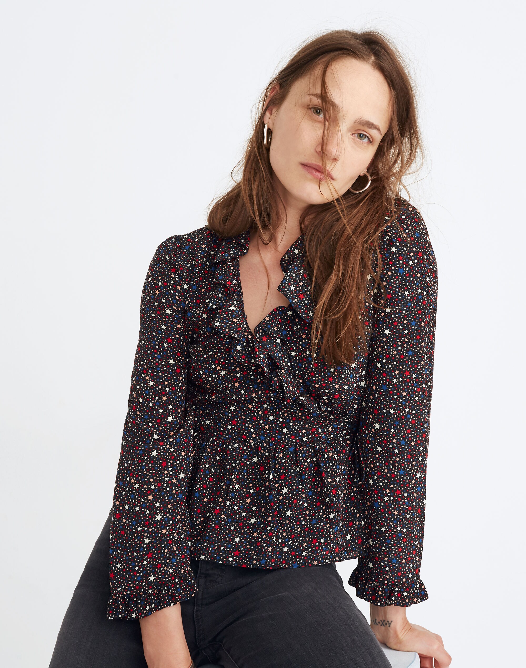 silk ruffle-hem wrap top in starry night