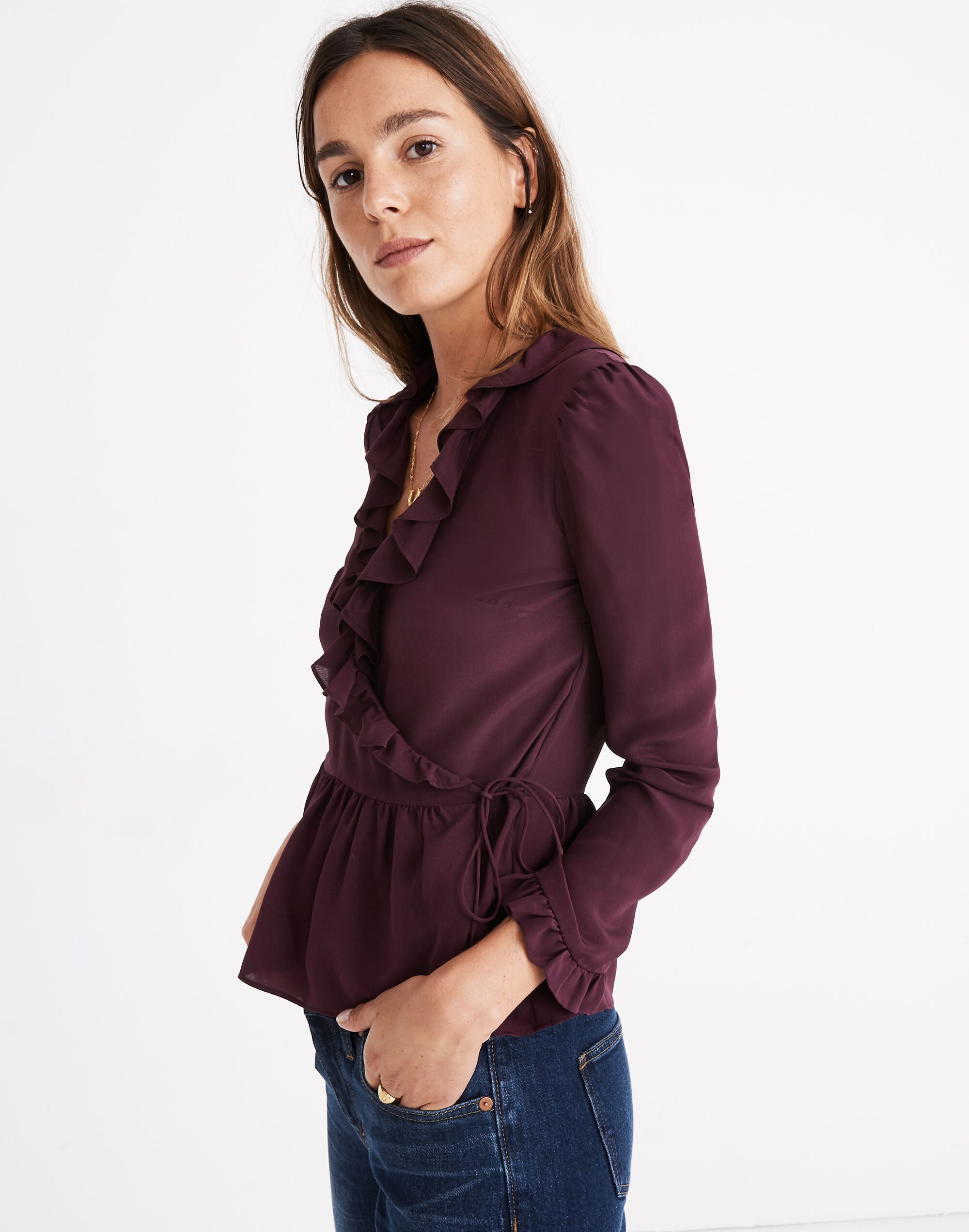 Silk Ruffle-Hem Wrap Top