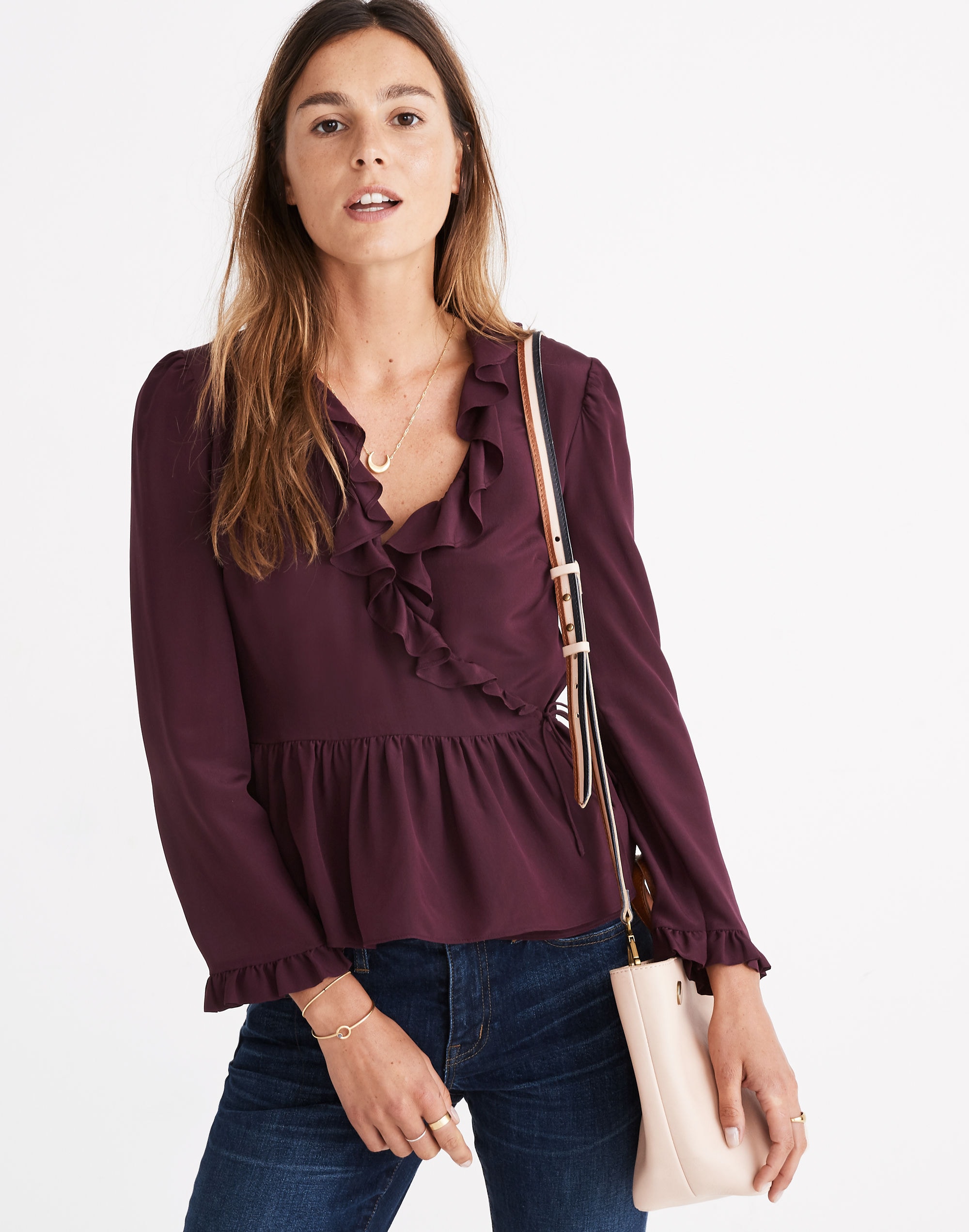 Silk Ruffle-Hem Wrap Top