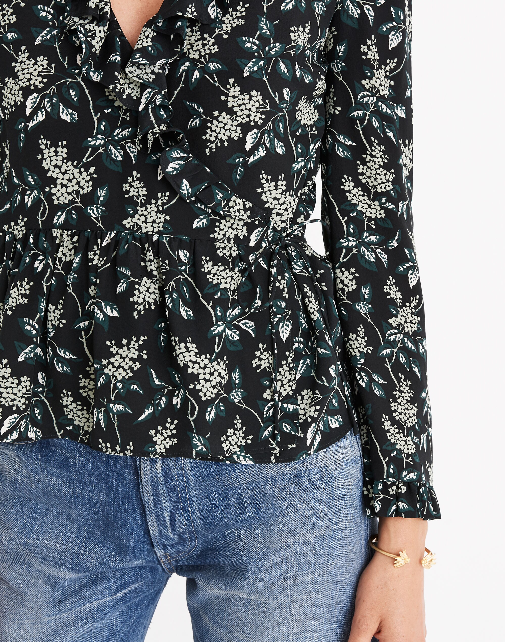 Silk Ruffle-Hem Wrap Top in Antique Flora