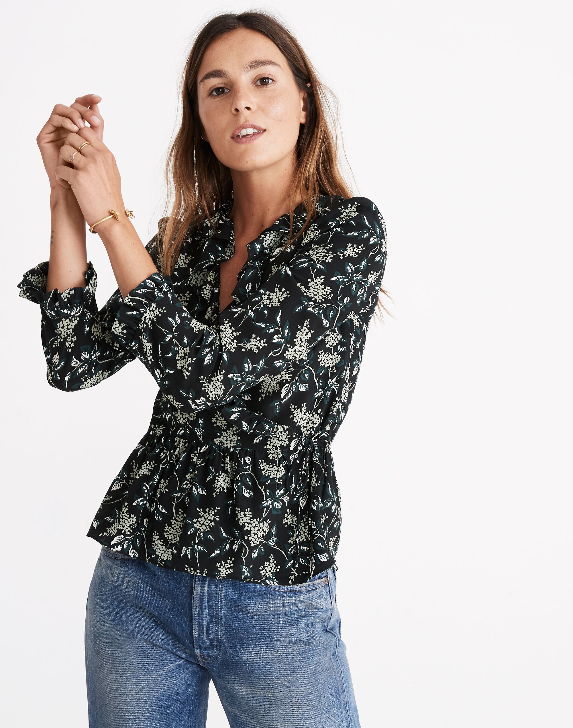 Silk Ruffle-Hem Wrap Top in Antique Flora