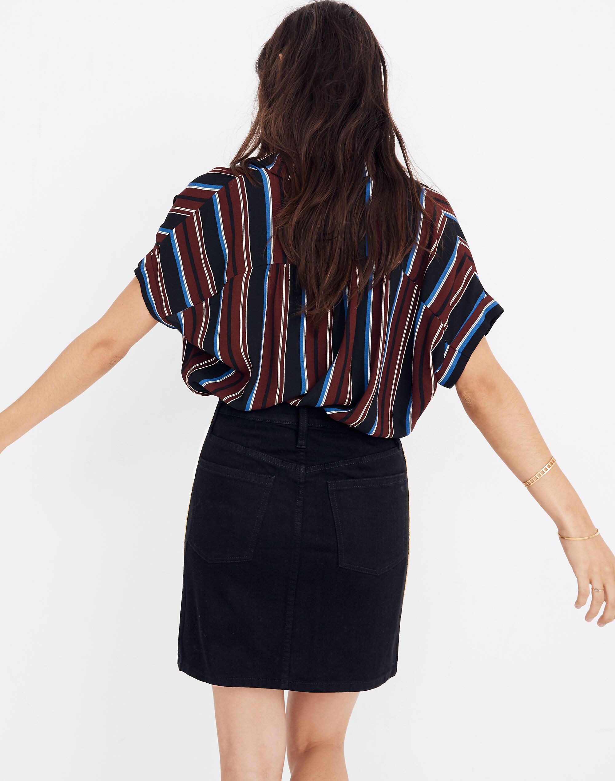 Stretch Denim Straight Mini Skirt: Gold Piping Edition