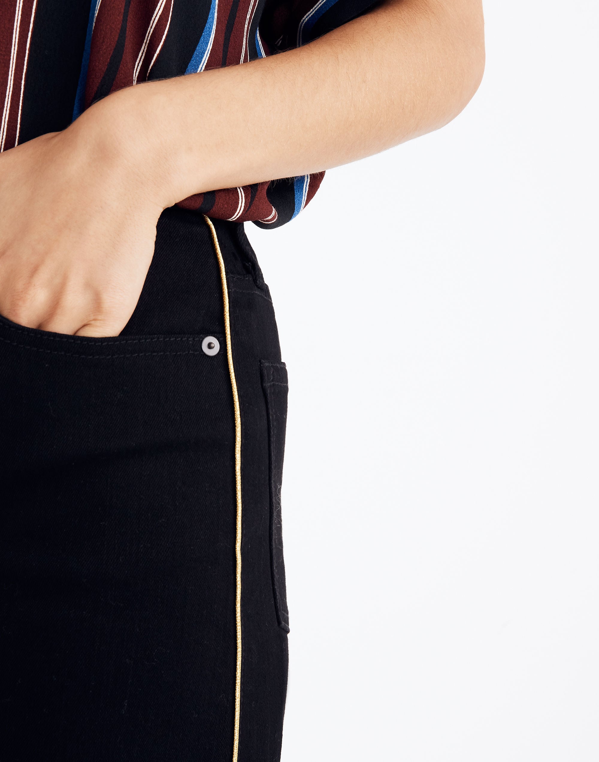 Stretch Denim Straight Mini Skirt: Gold Piping Edition