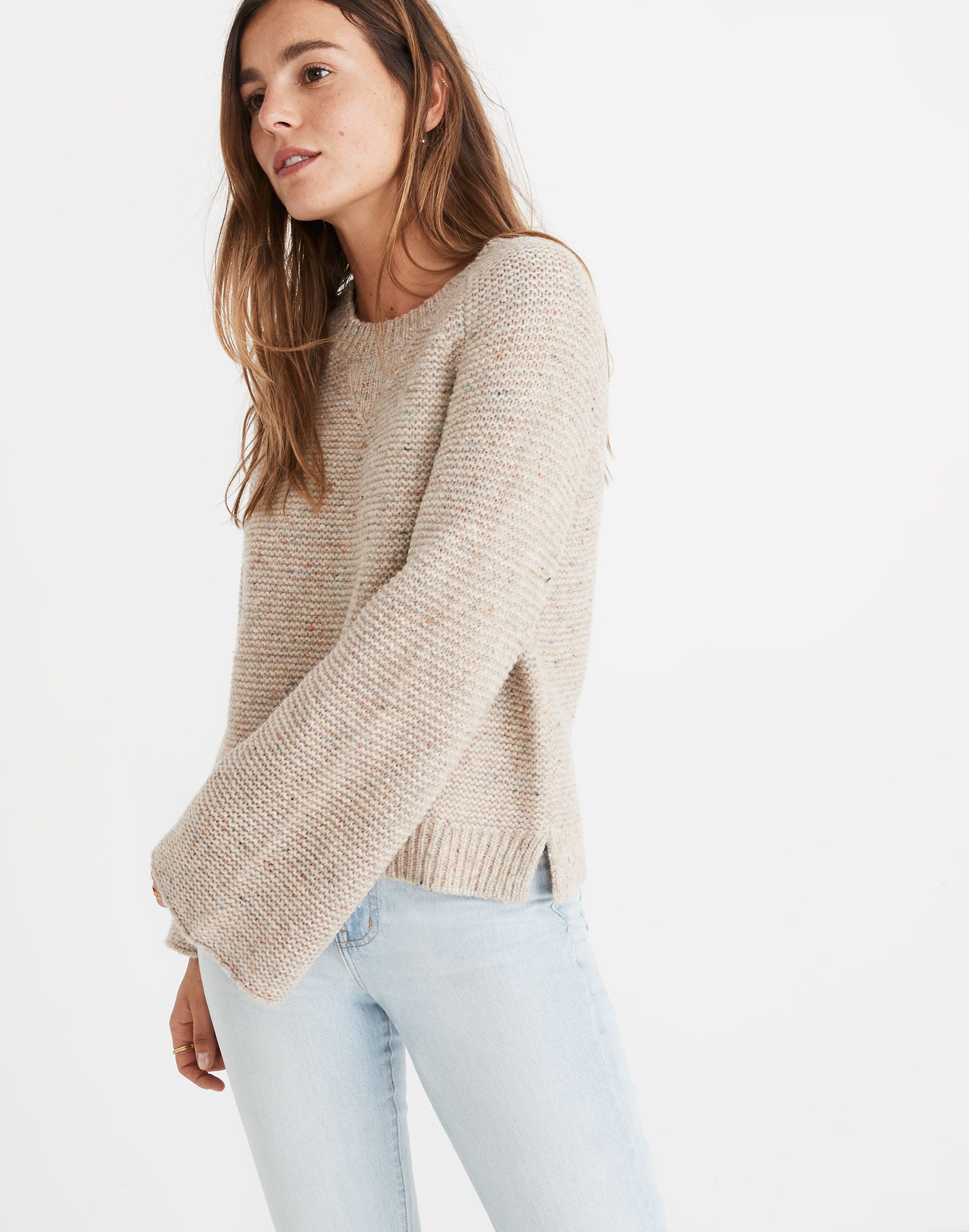Flecked Wide-Sleeve Pullover Sweater