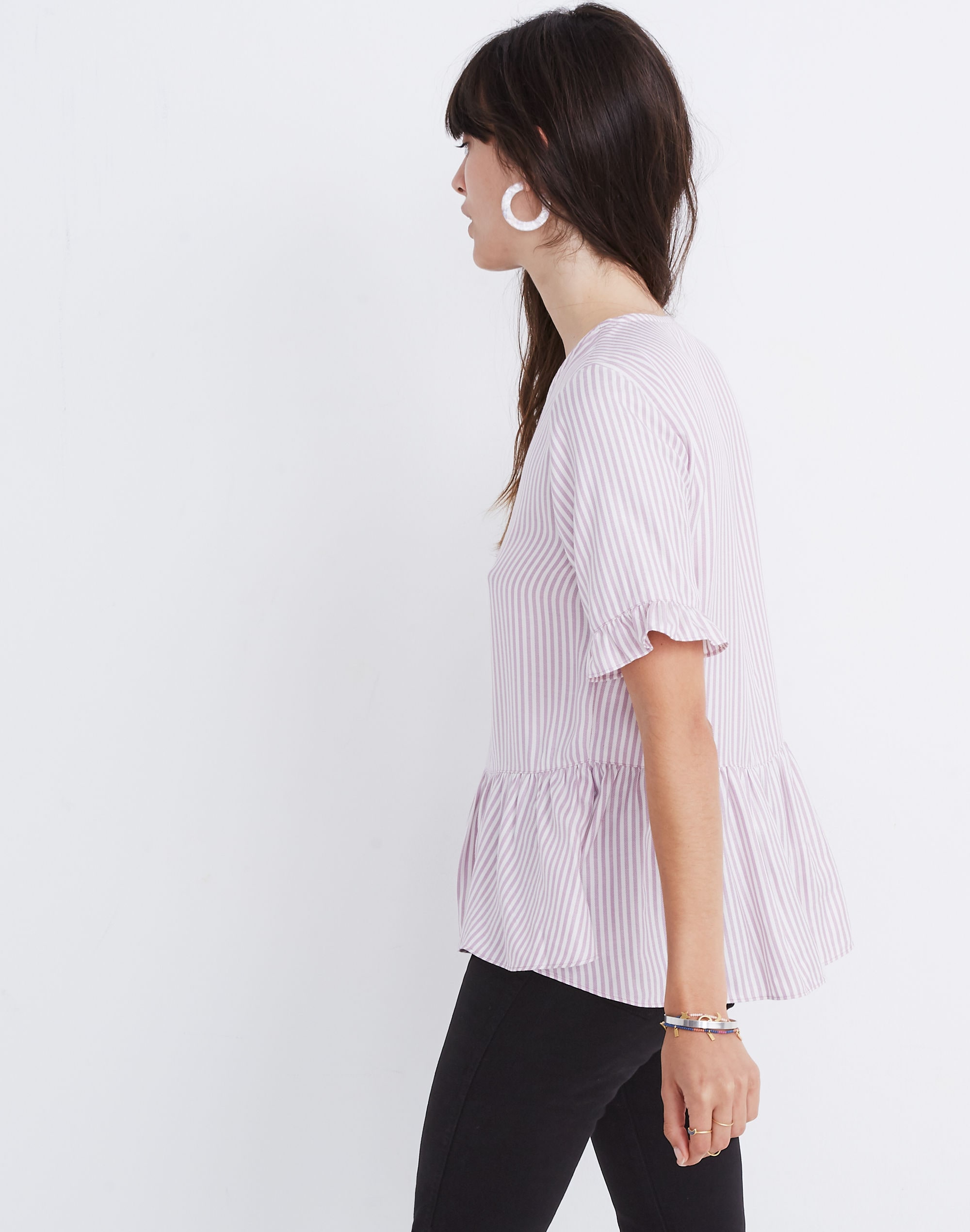 studio ruffle-hem top in lavender stripe