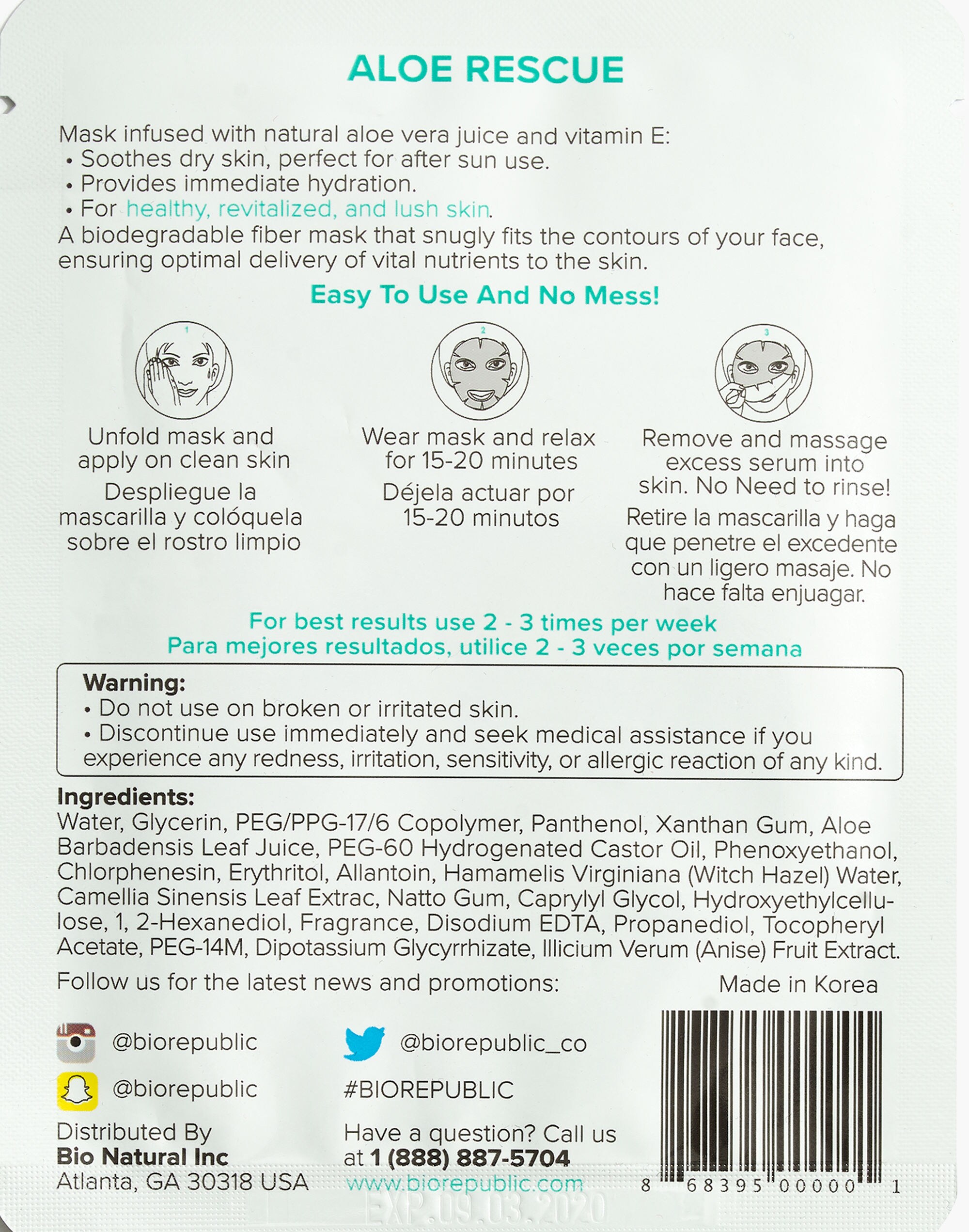 BioRepublic&reg; Aloe Rescue Revitalizing Sheet Mask