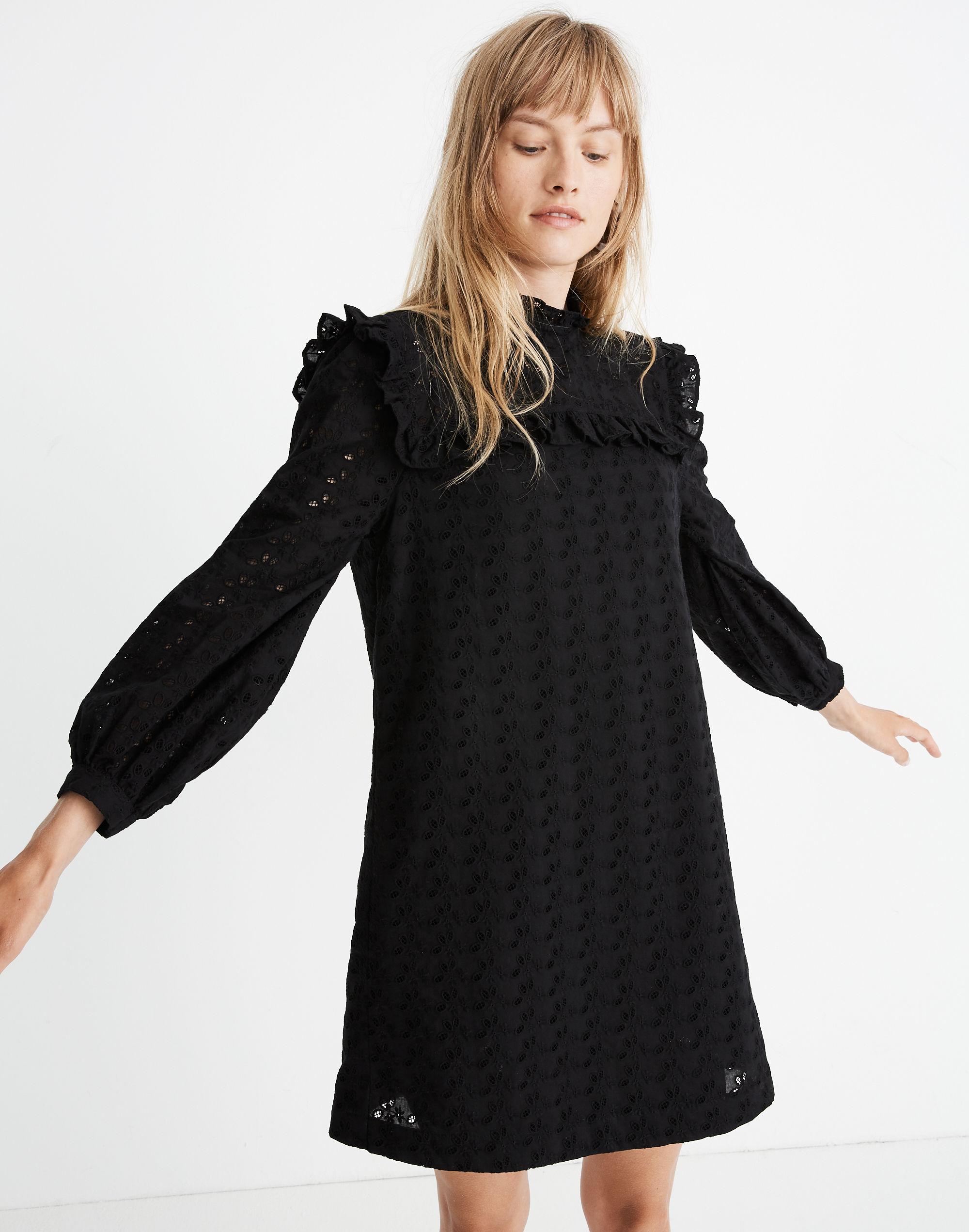 Eyelet Mockneck Ruffle Dress