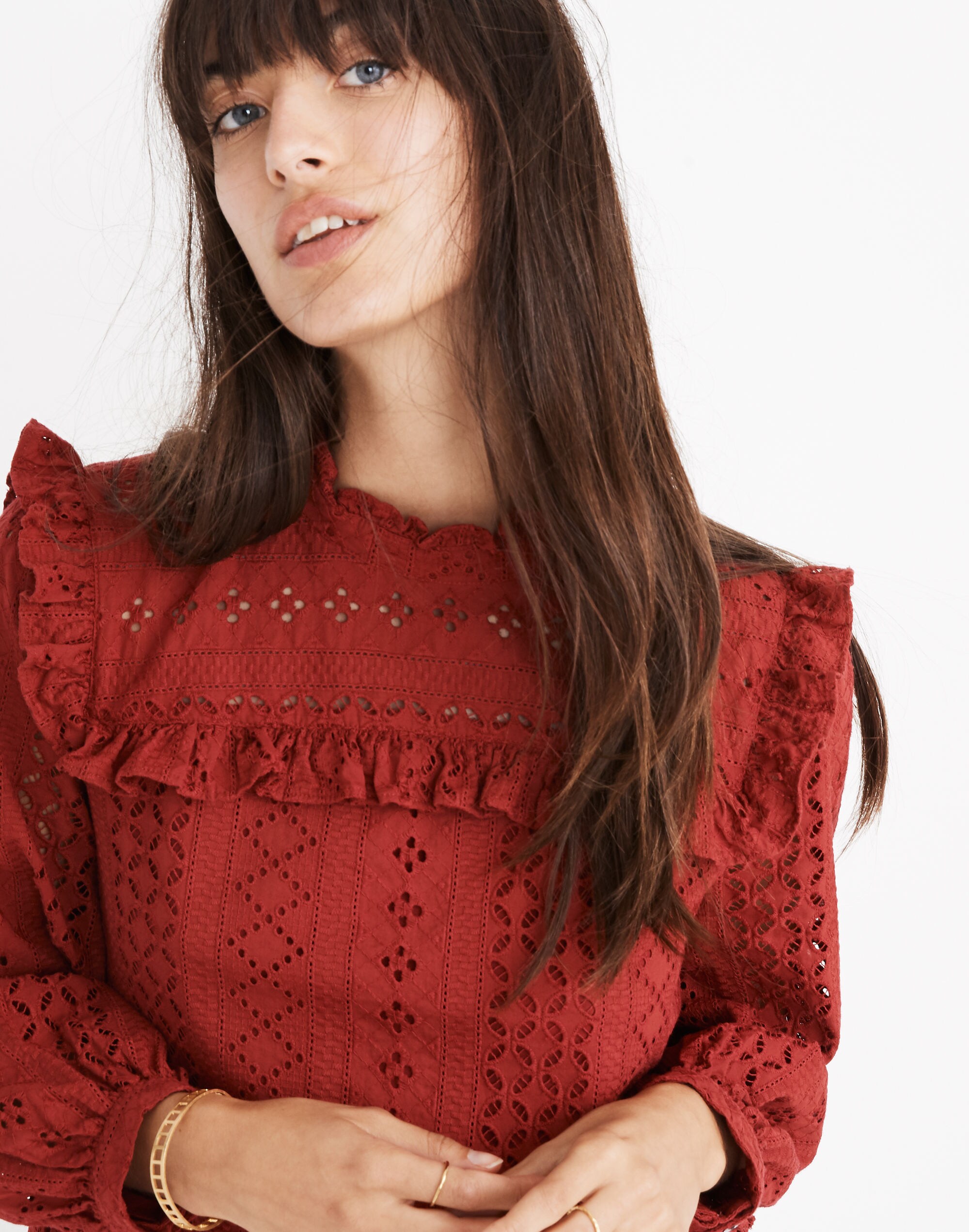 Eyelet Mockneck Ruffle Dress