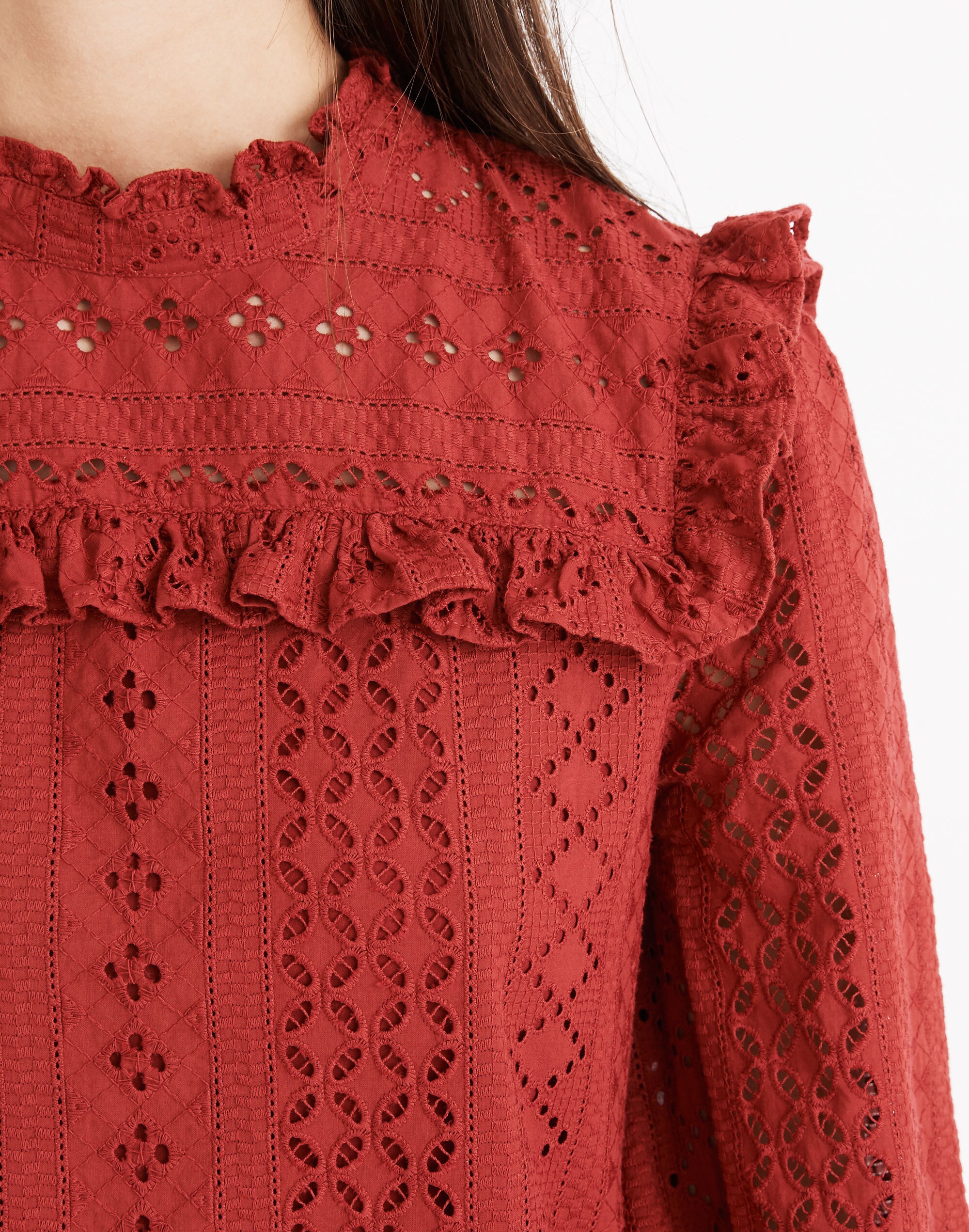 Eyelet Mockneck Ruffle Dress