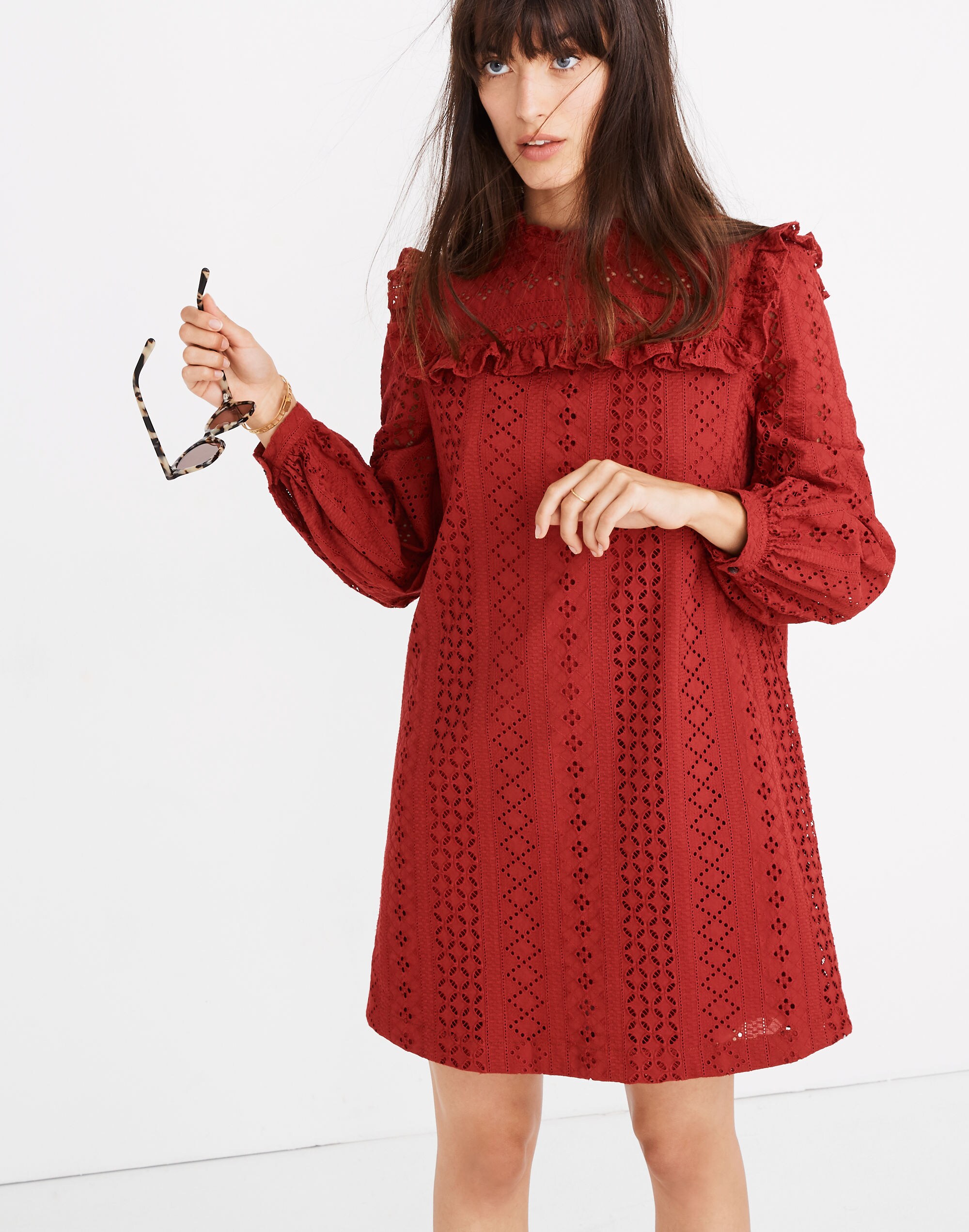Eyelet Mockneck Ruffle Dress