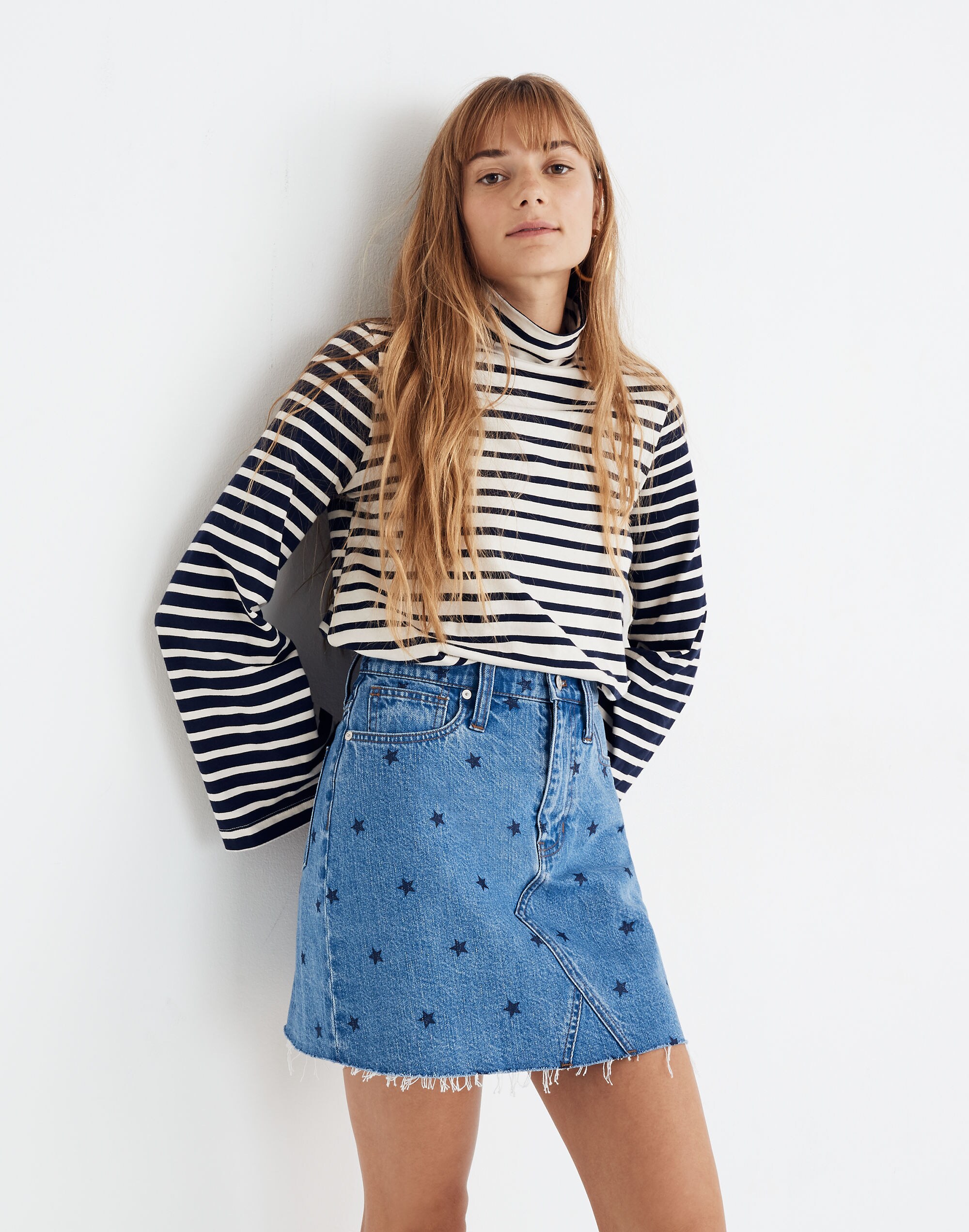 Rigid Denim A-Line Mini Skirt: Star Print Edition