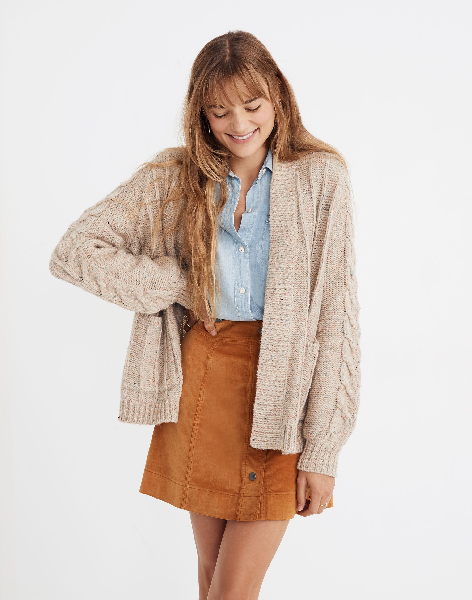 Bubble-Sleeve Cableknit Cardigan Sweater