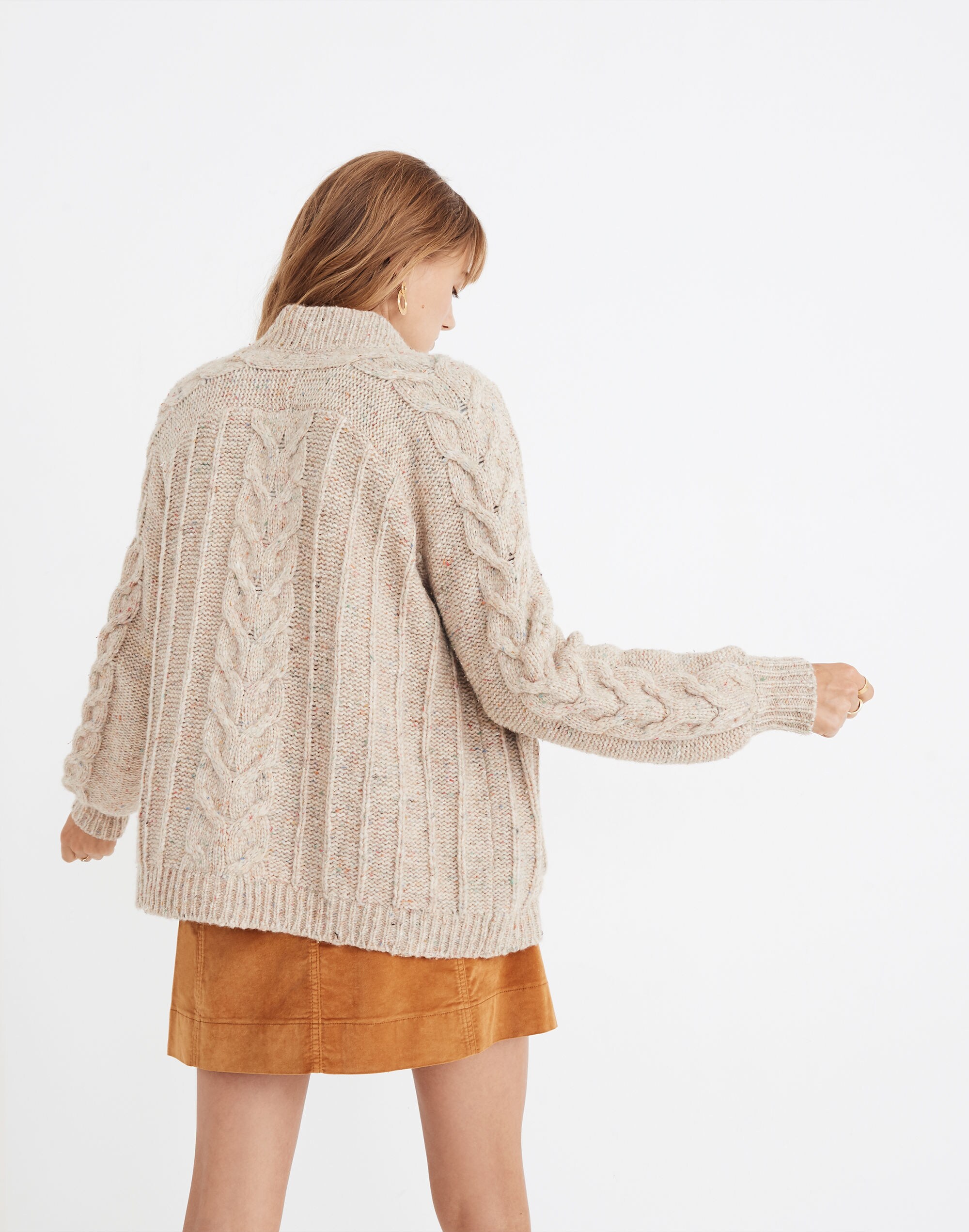 Bubble-Sleeve Cableknit Cardigan Sweater