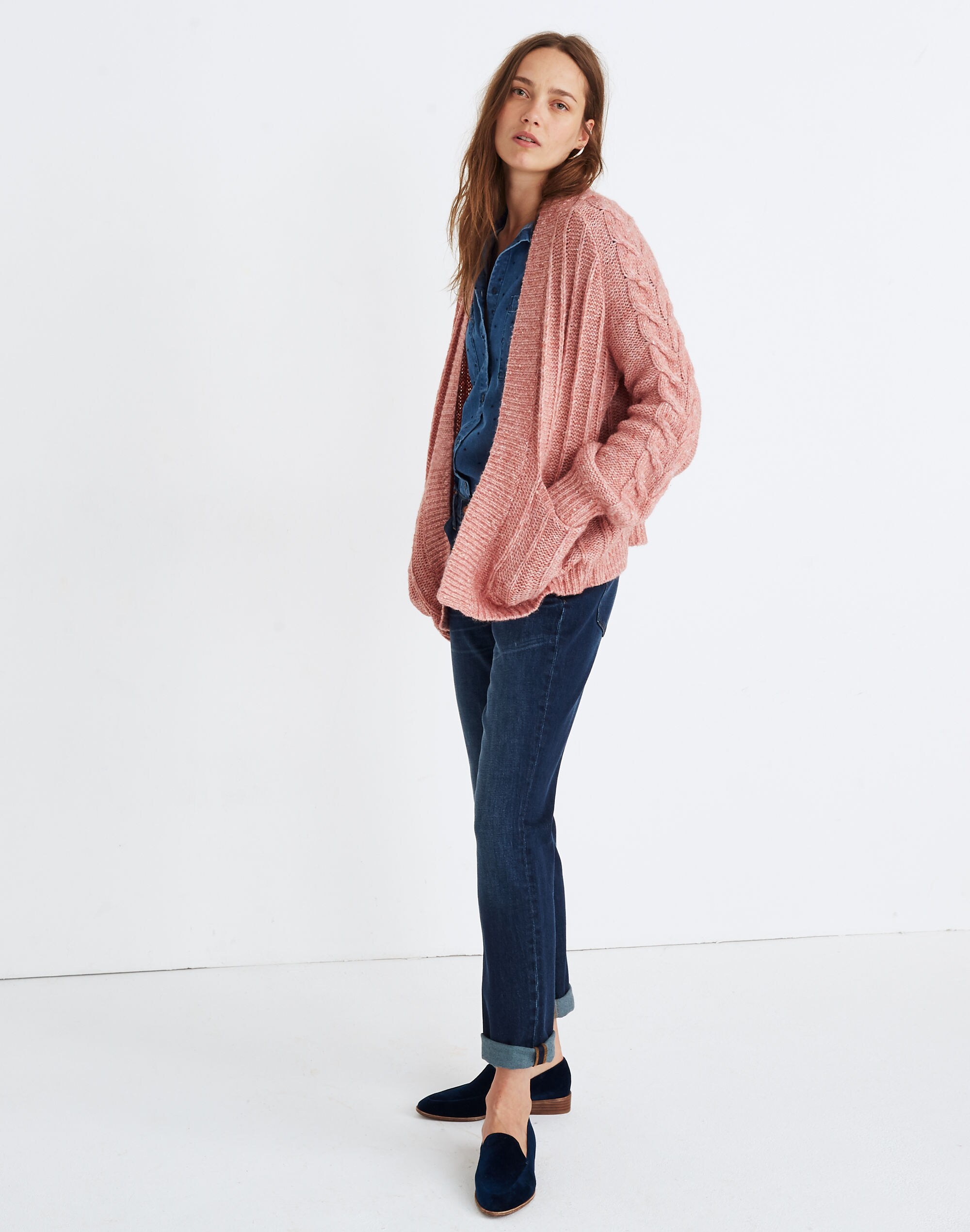 Bubble-Sleeve Cableknit Cardigan Sweater