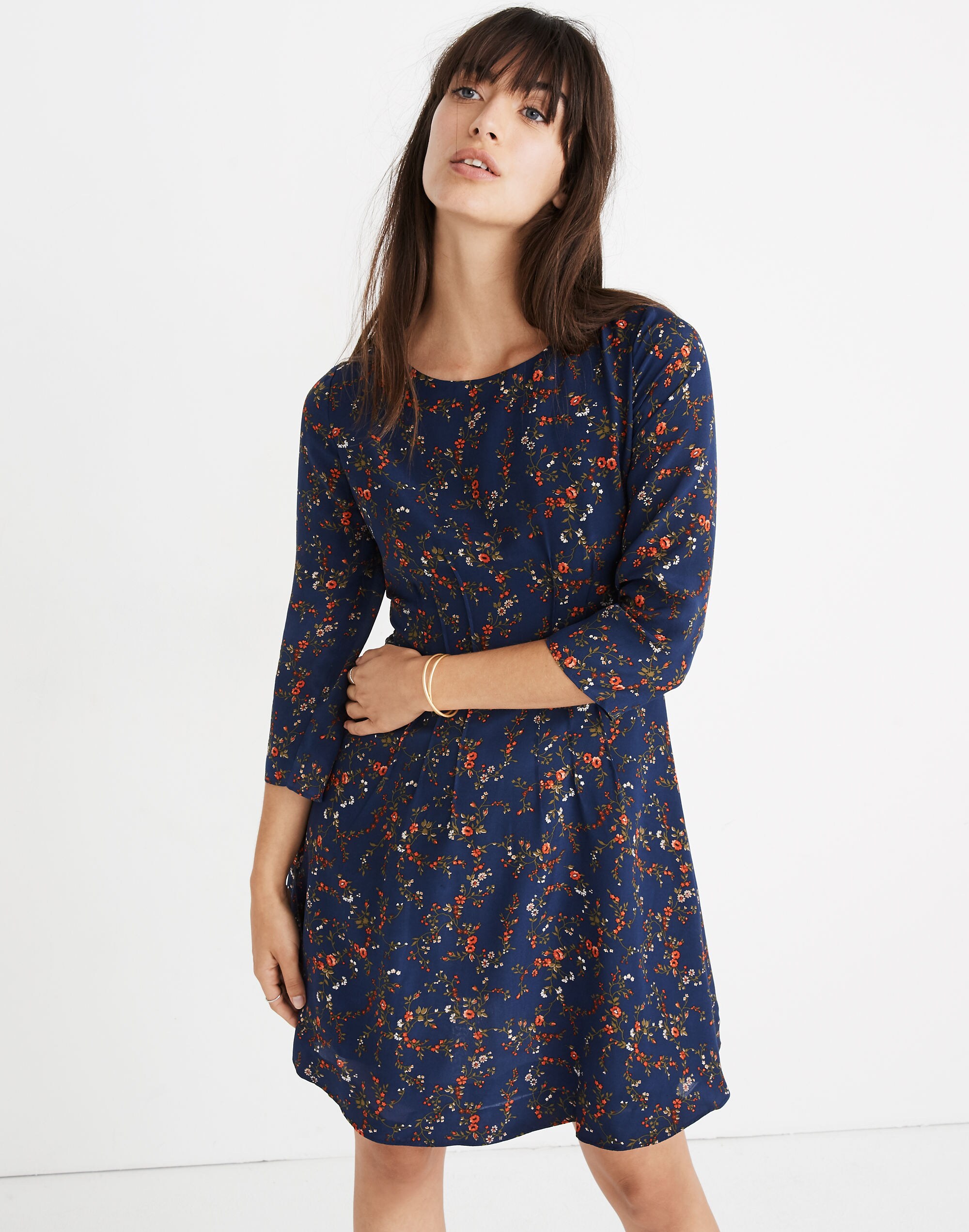 Silk Boatneck Pintuck Dress in Moonless Floral