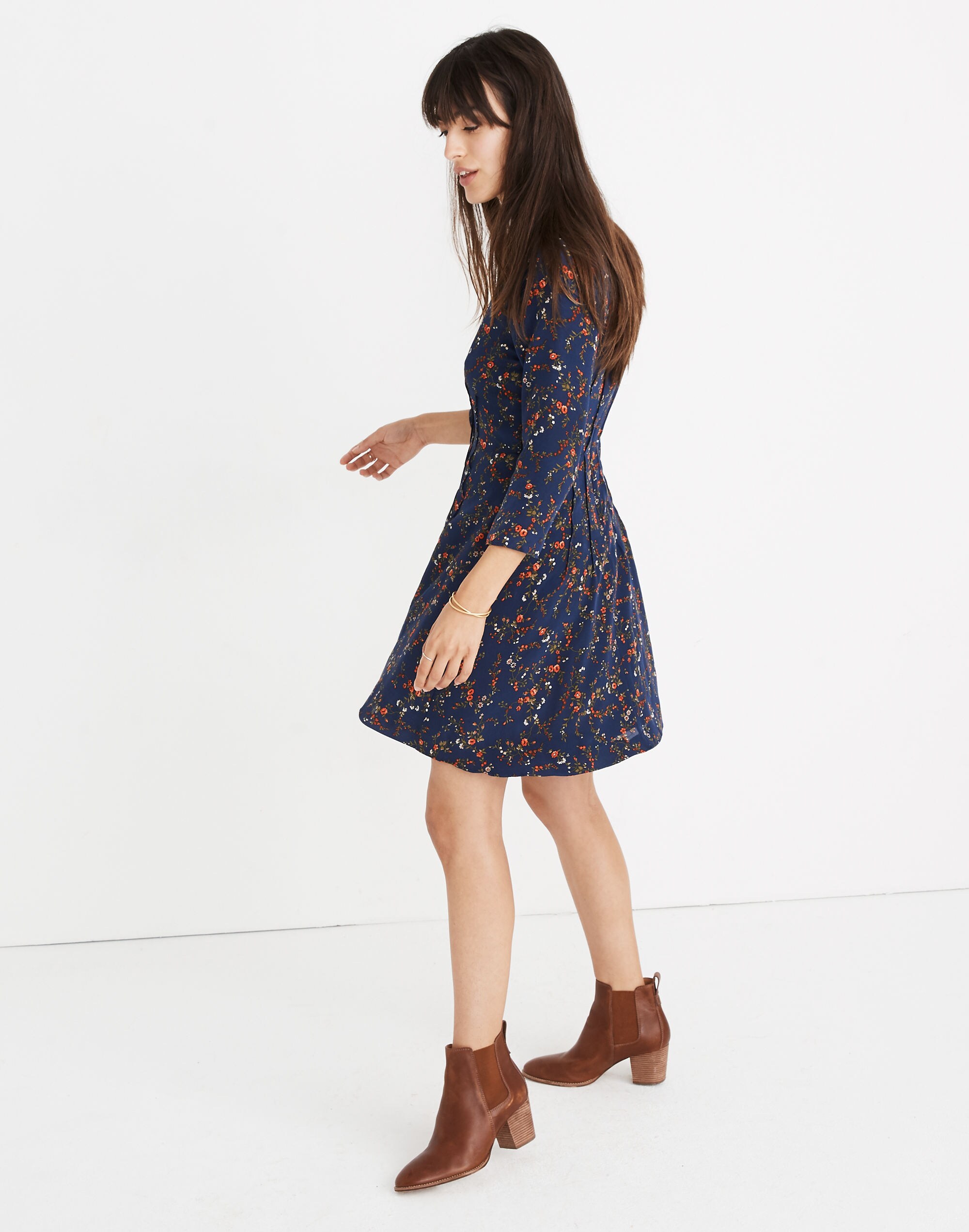 Silk Boatneck Pintuck Dress in Moonless Floral