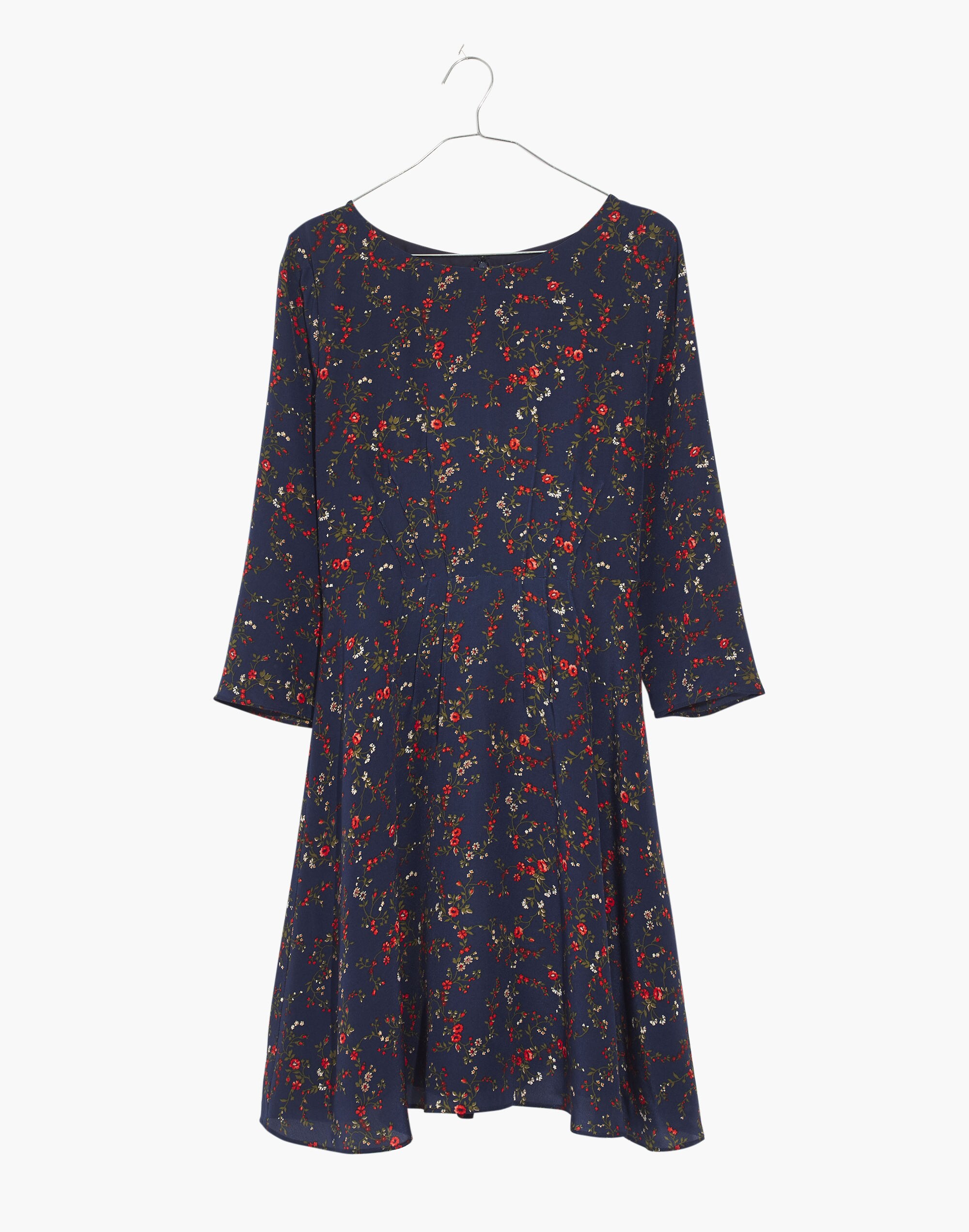 Silk Boatneck Pintuck Dress in Moonless Floral