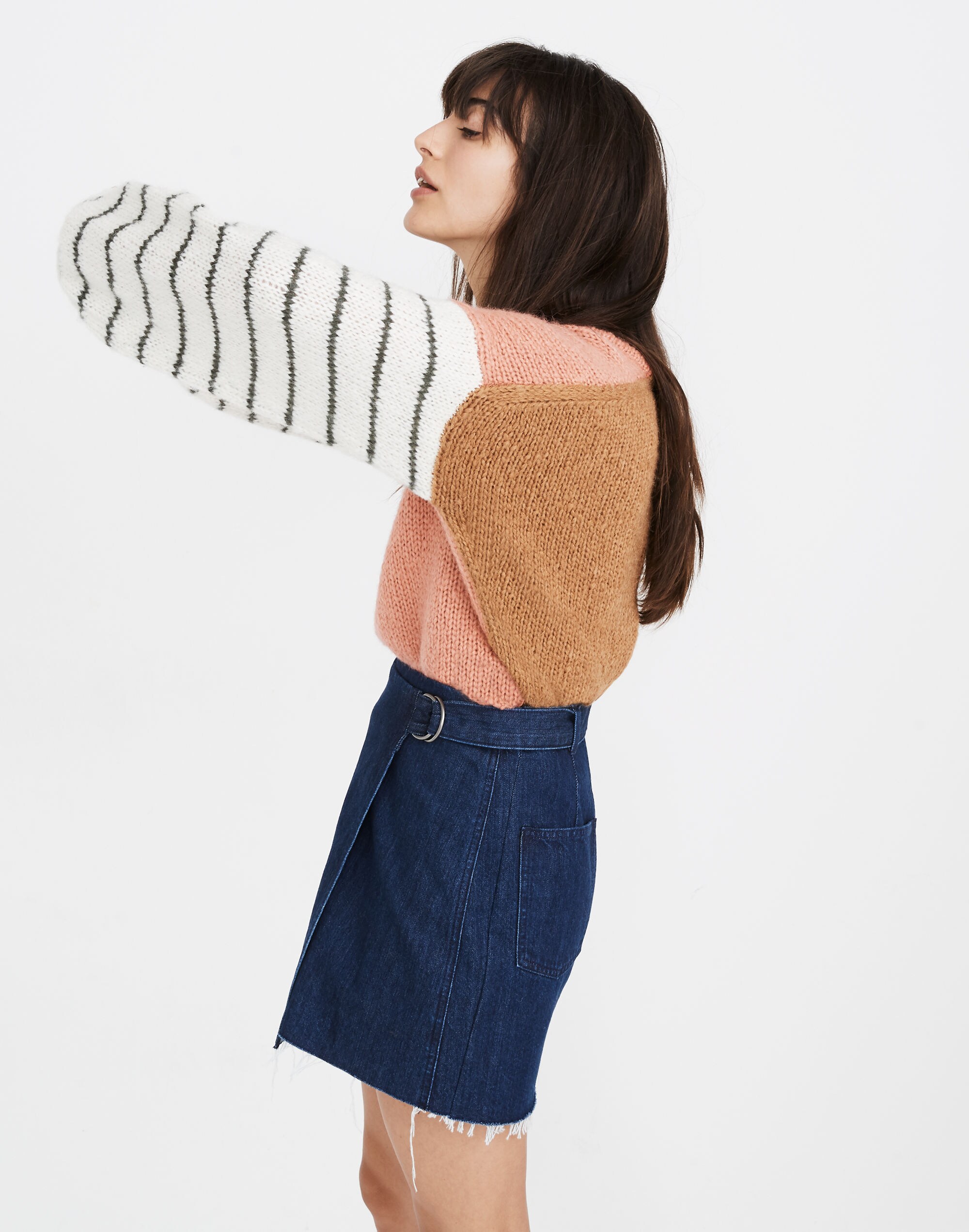 Denim Raw-Hem Mini Wrap Skirt