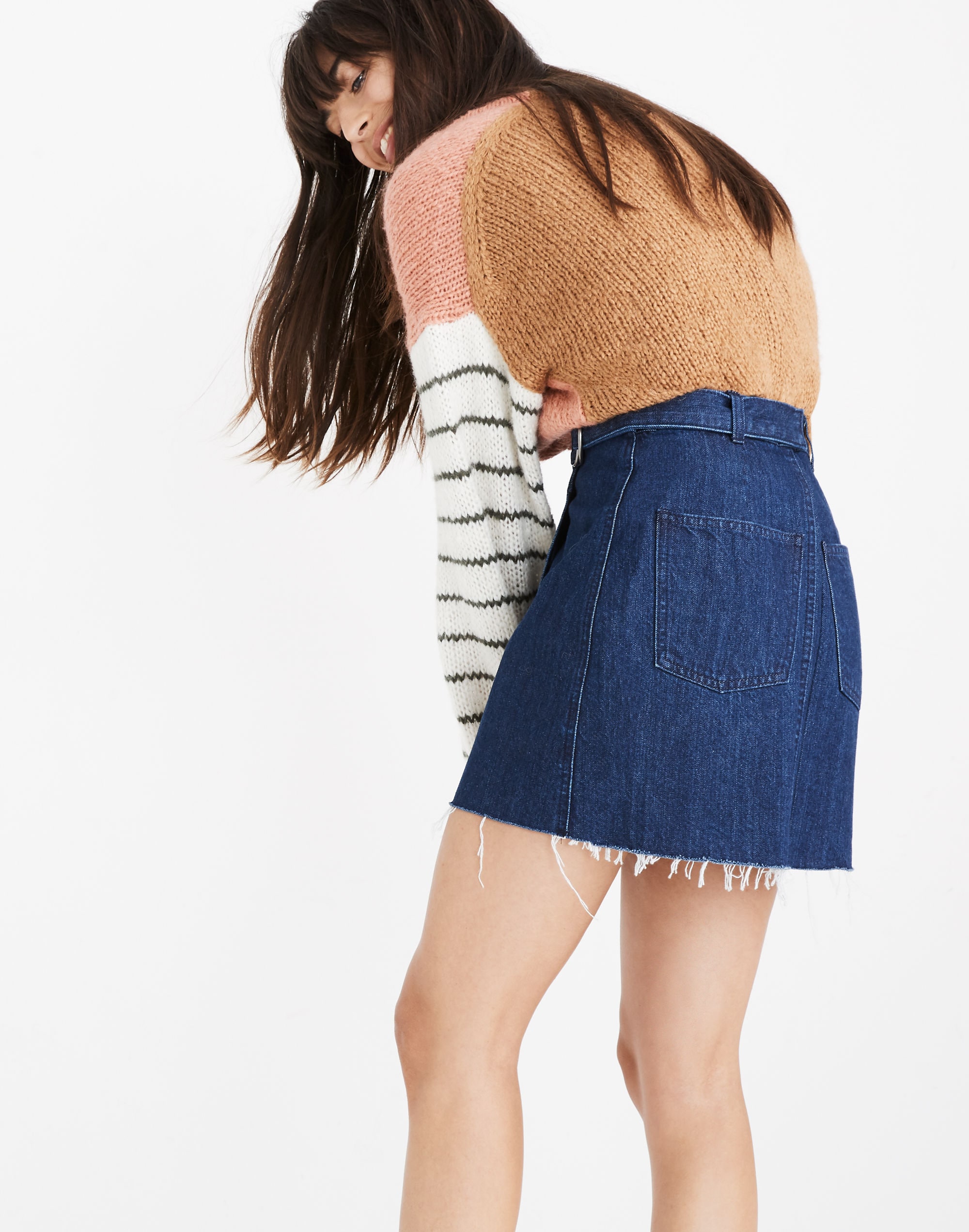 Denim Raw-Hem Mini Wrap Skirt