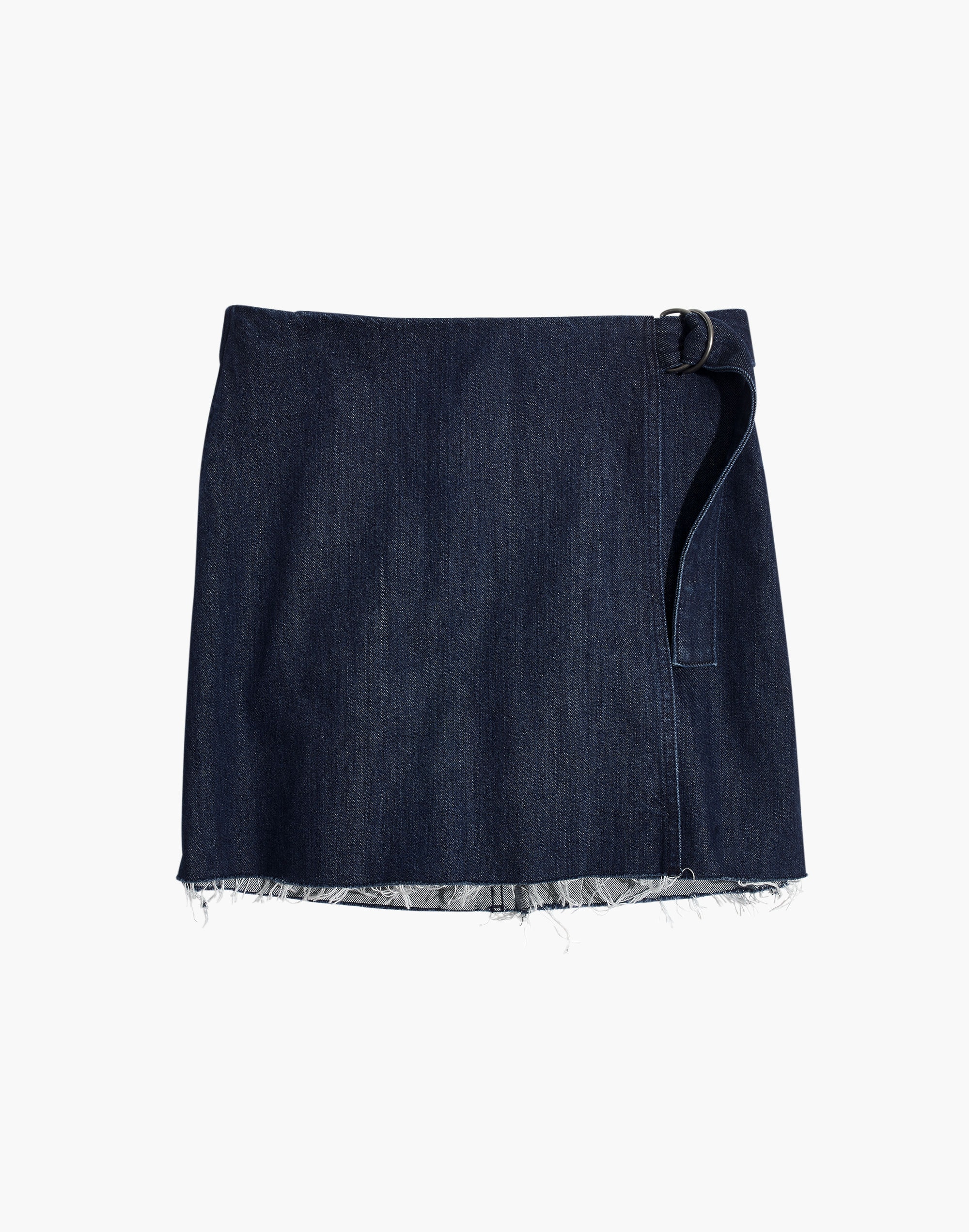 Denim Raw-Hem Mini Wrap Skirt