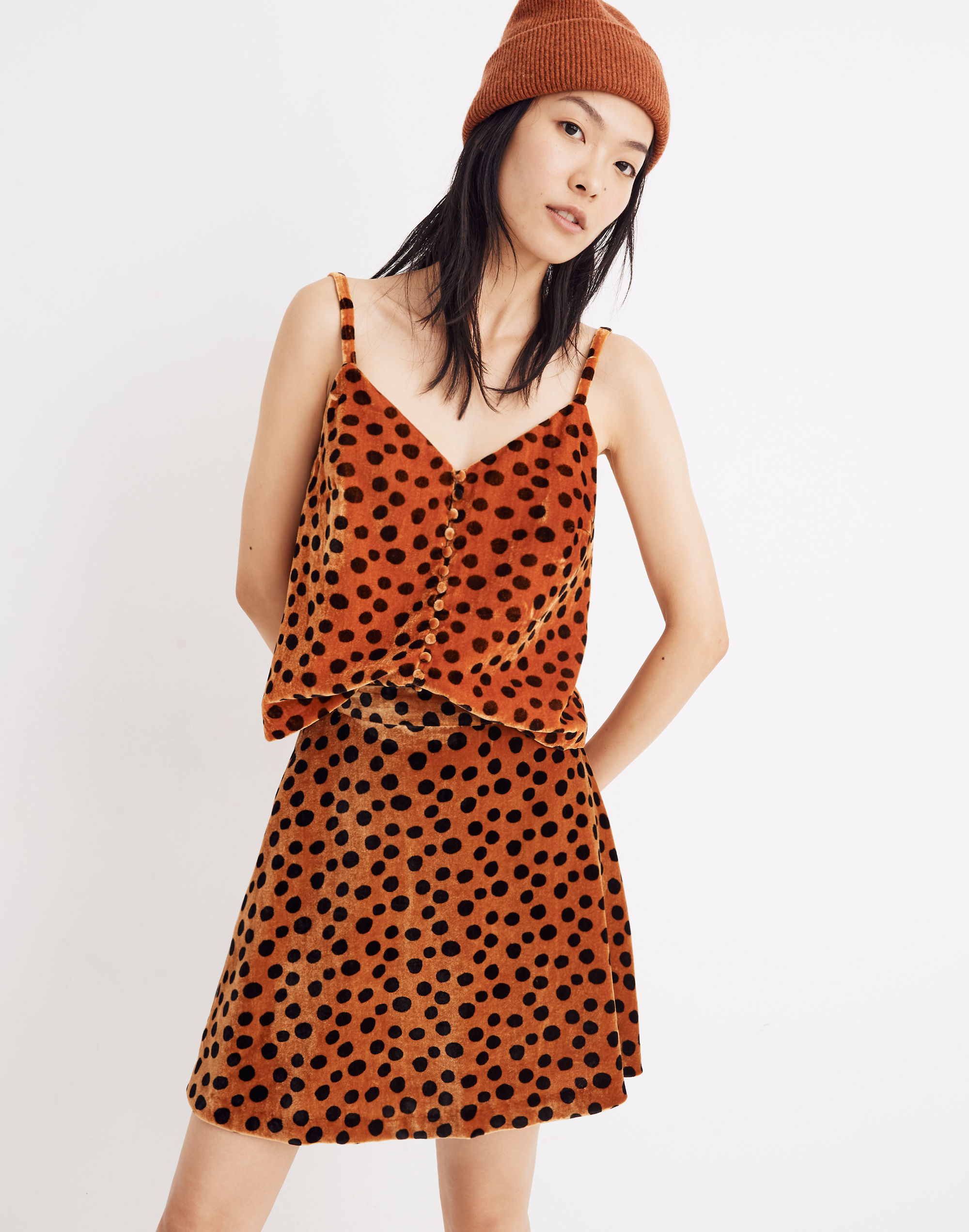 velvet button-front cami in leopard dot