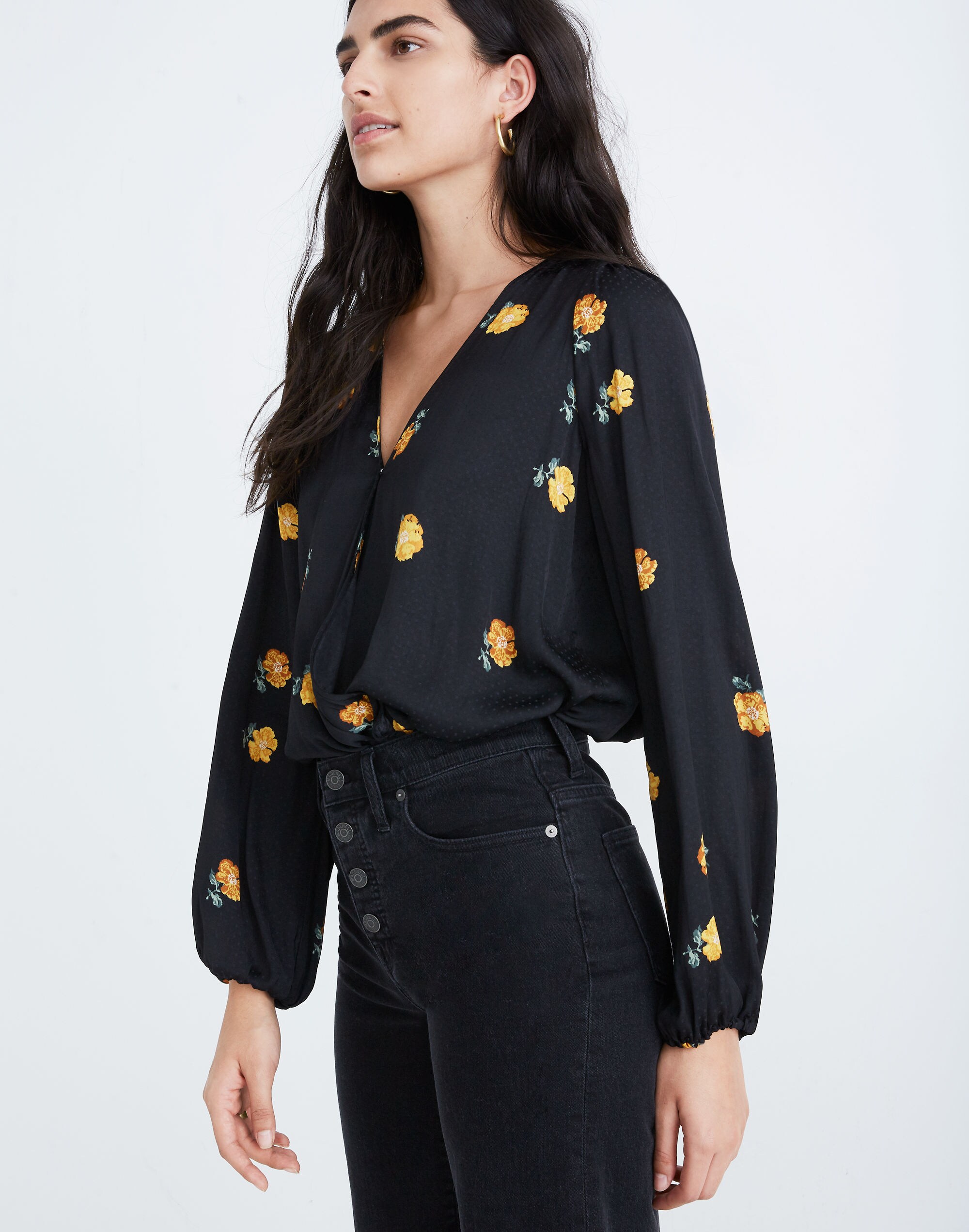 Bubble-Sleeve Wrap Top in Floating Florets