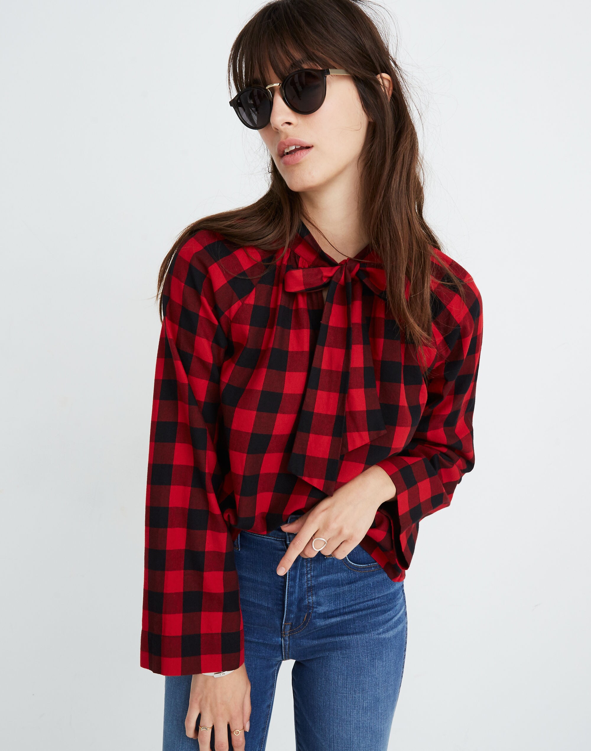 Tie-Neck Popover Shirt in Buffalo Check