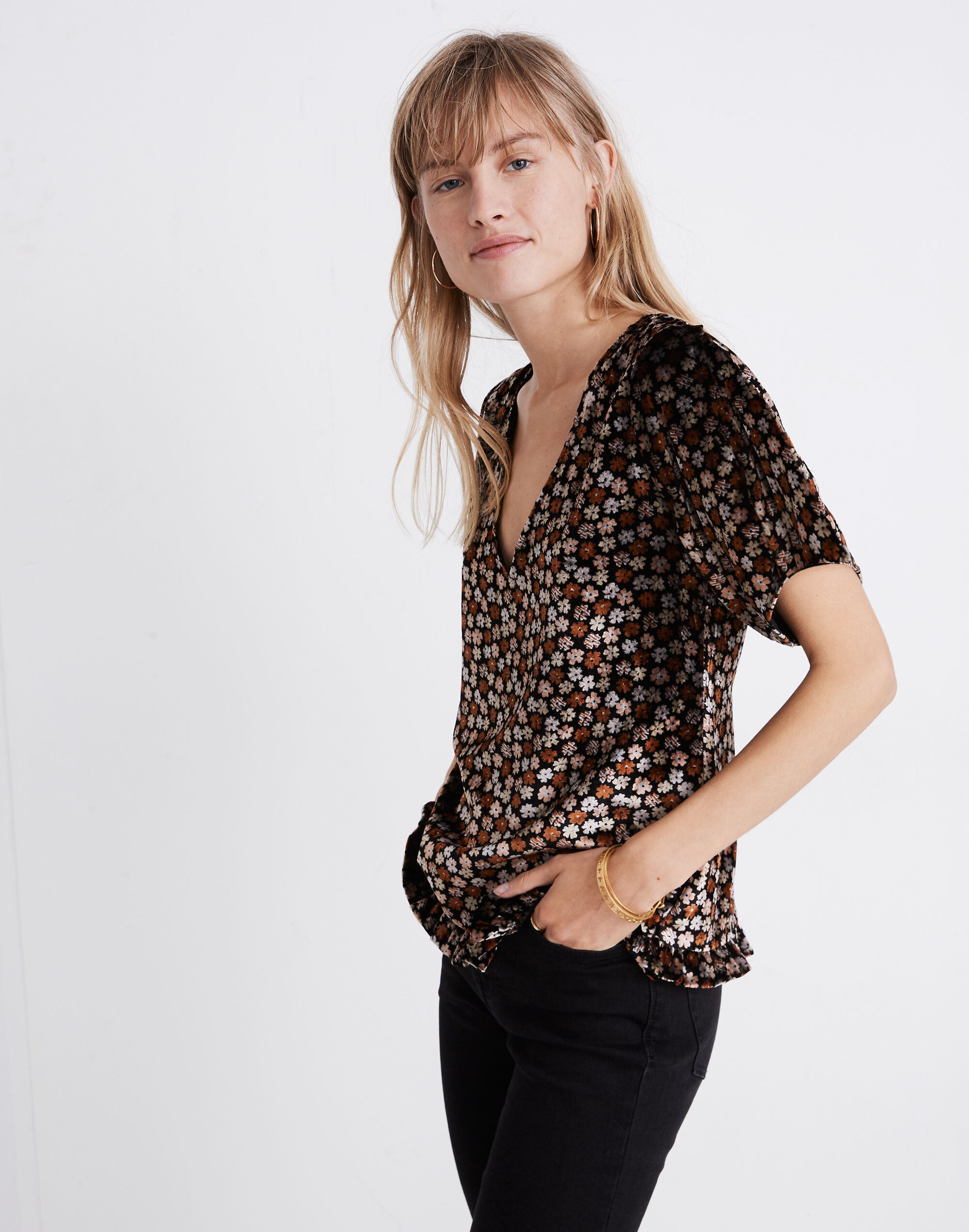 Velvet Tulip-Sleeve Ruffle Top in Petite Blooms