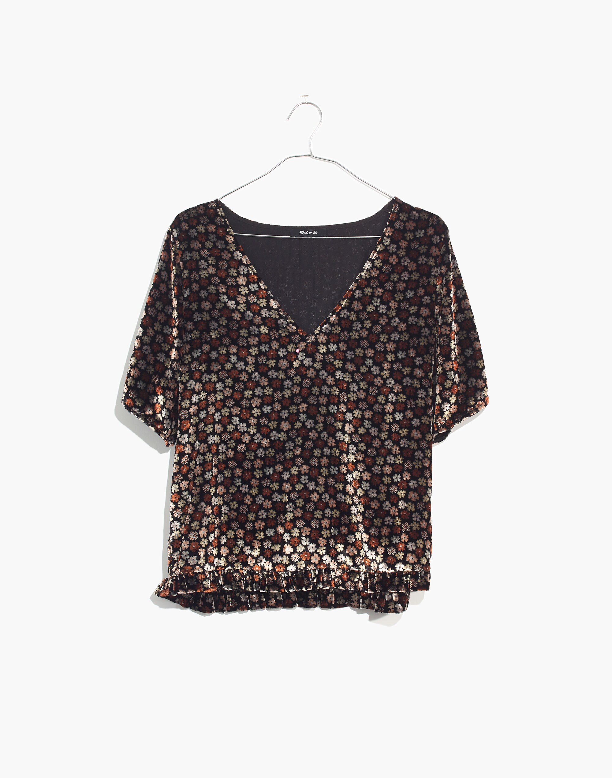 Velvet Tulip-Sleeve Ruffle Top in Petite Blooms