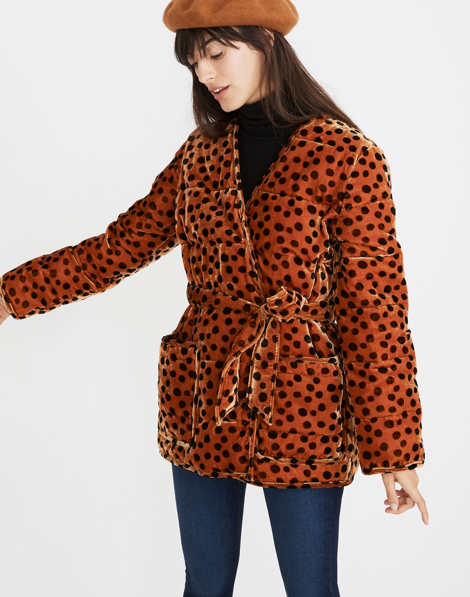 velvet quilted wrap jacket in leopard dot