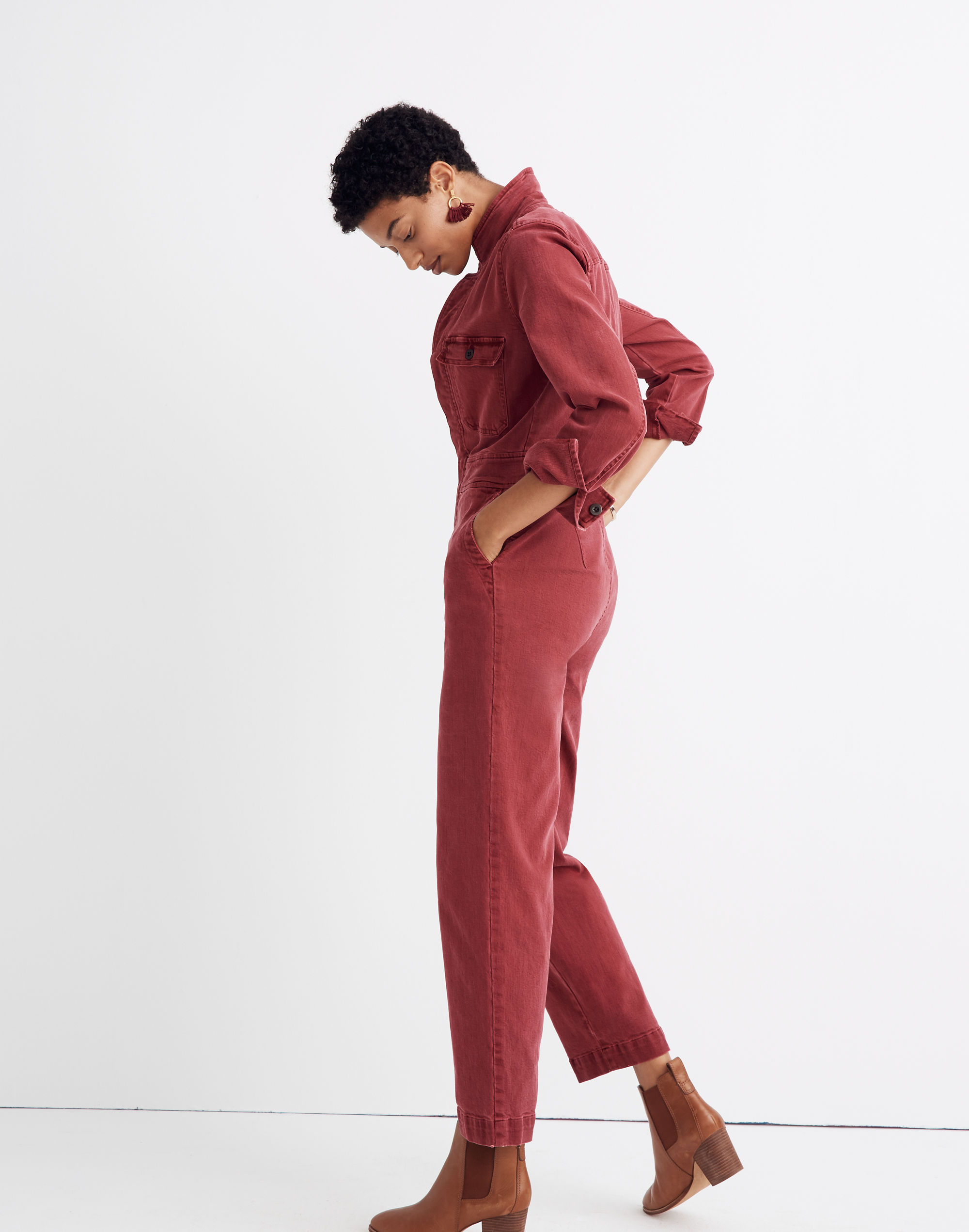Garment-Dyed Denim Slim Coverall Jumpsuit