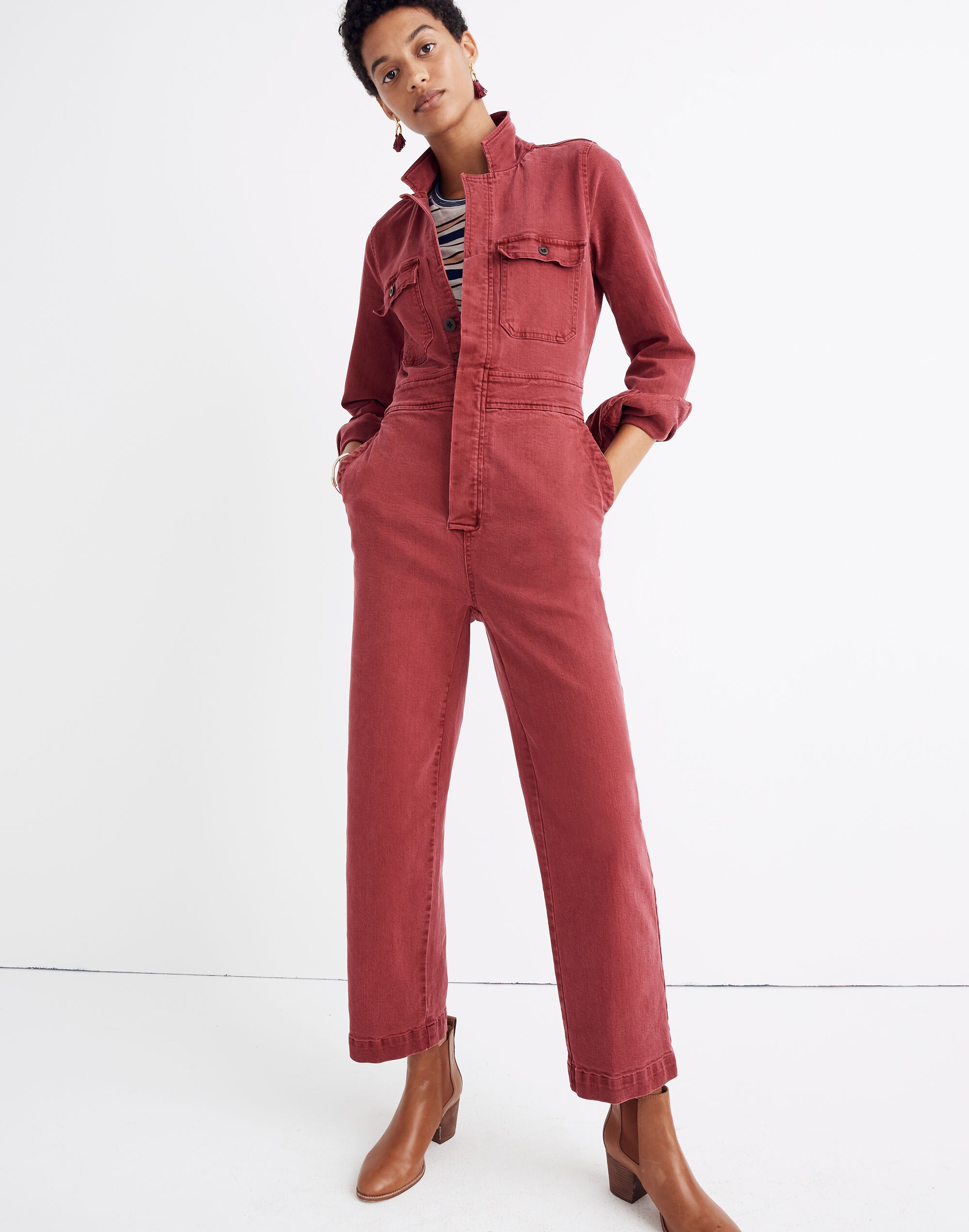 Garment-Dyed Denim Slim Coverall Jumpsuit