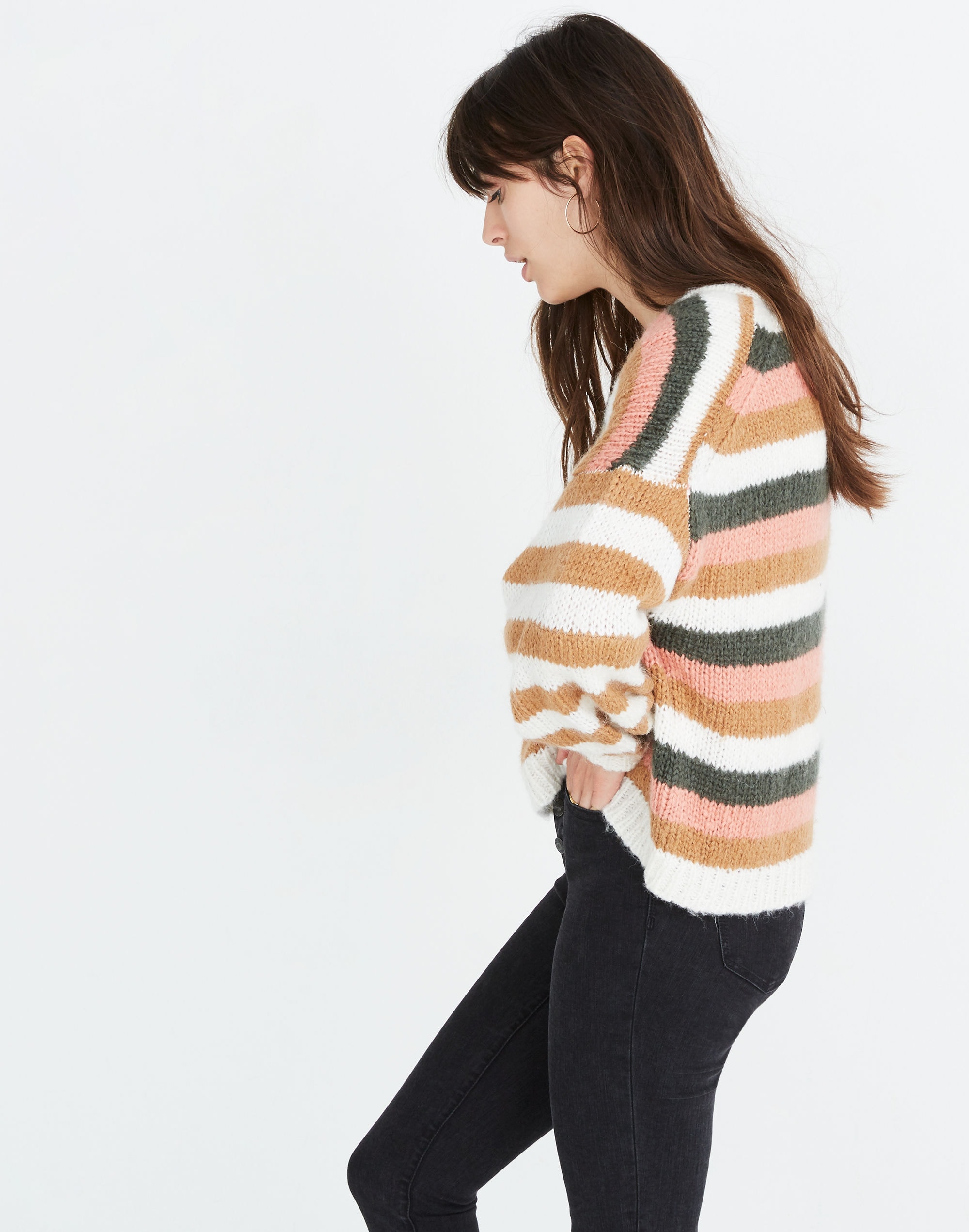 Balloon-Sleeve Pullover Sweater in Stripe Mix
