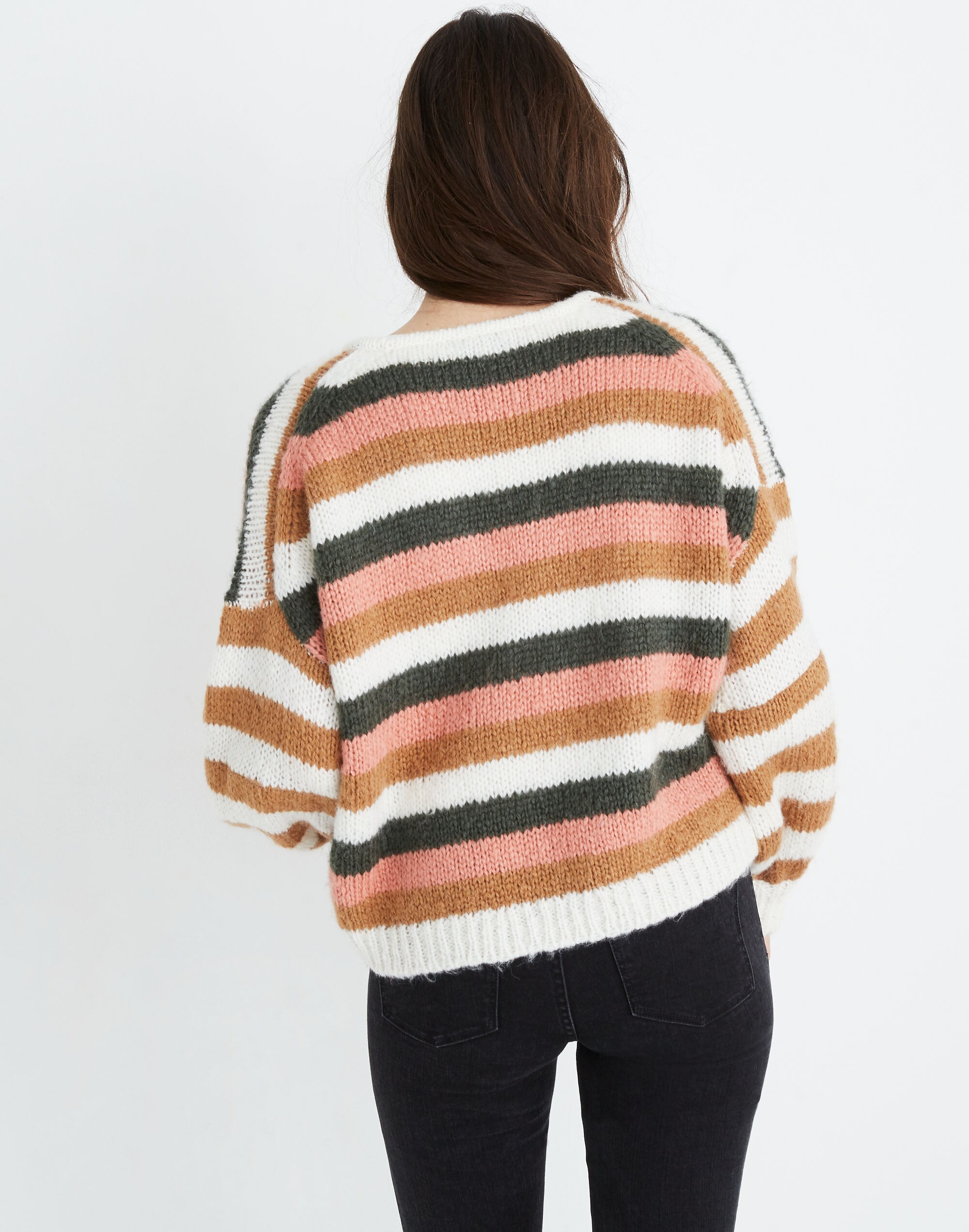 Balloon-Sleeve Pullover Sweater in Stripe Mix