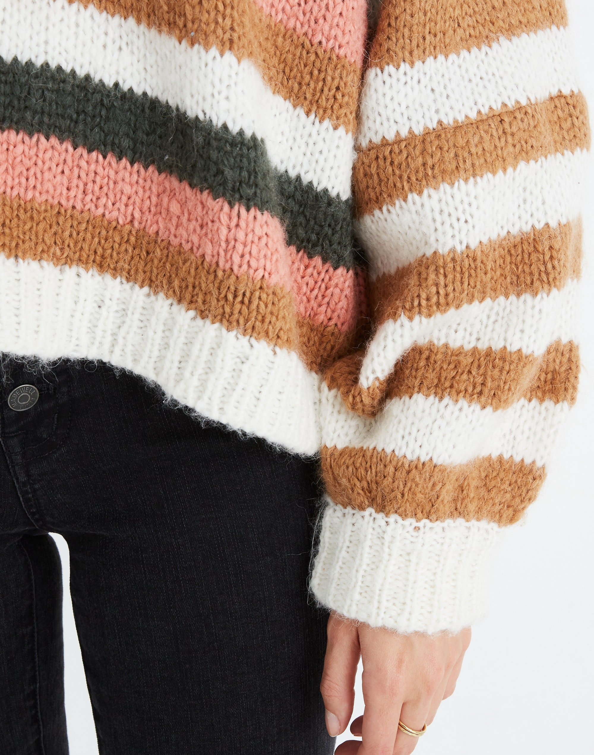 Balloon-Sleeve Pullover Sweater in Stripe Mix