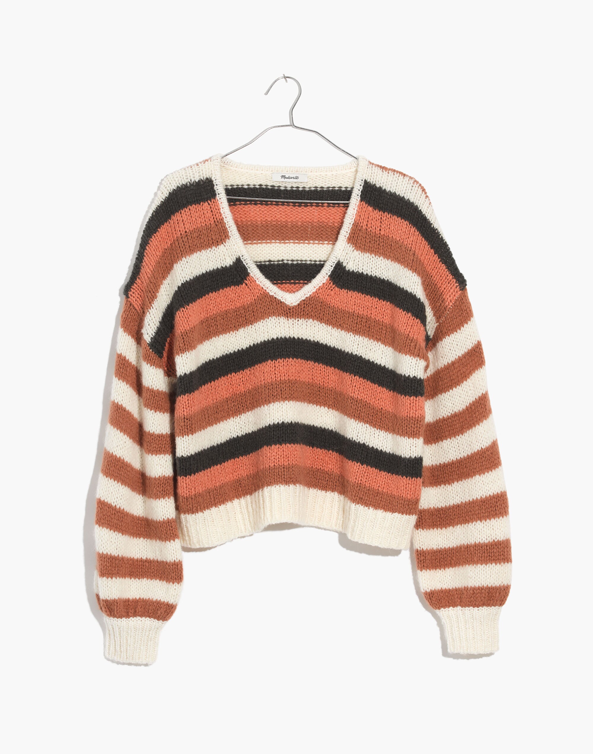 Balloon-Sleeve Pullover Sweater in Stripe Mix