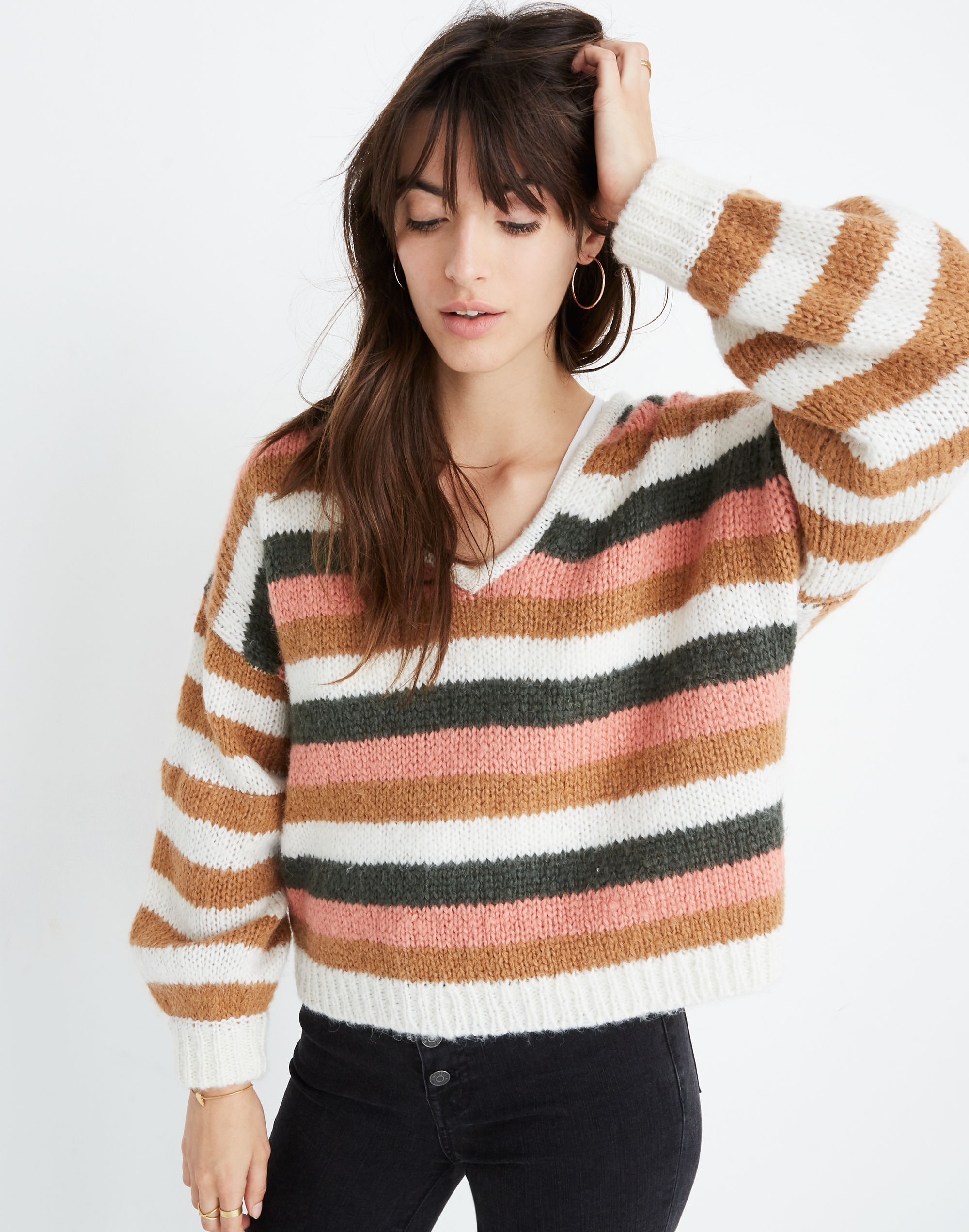 Balloon-Sleeve Pullover Sweater in Stripe Mix
