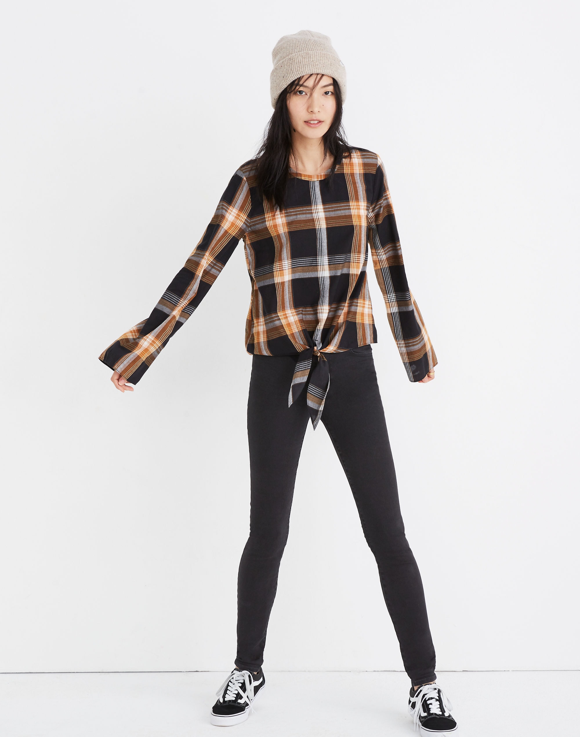 Plaid Tie-Front Keyhole Top