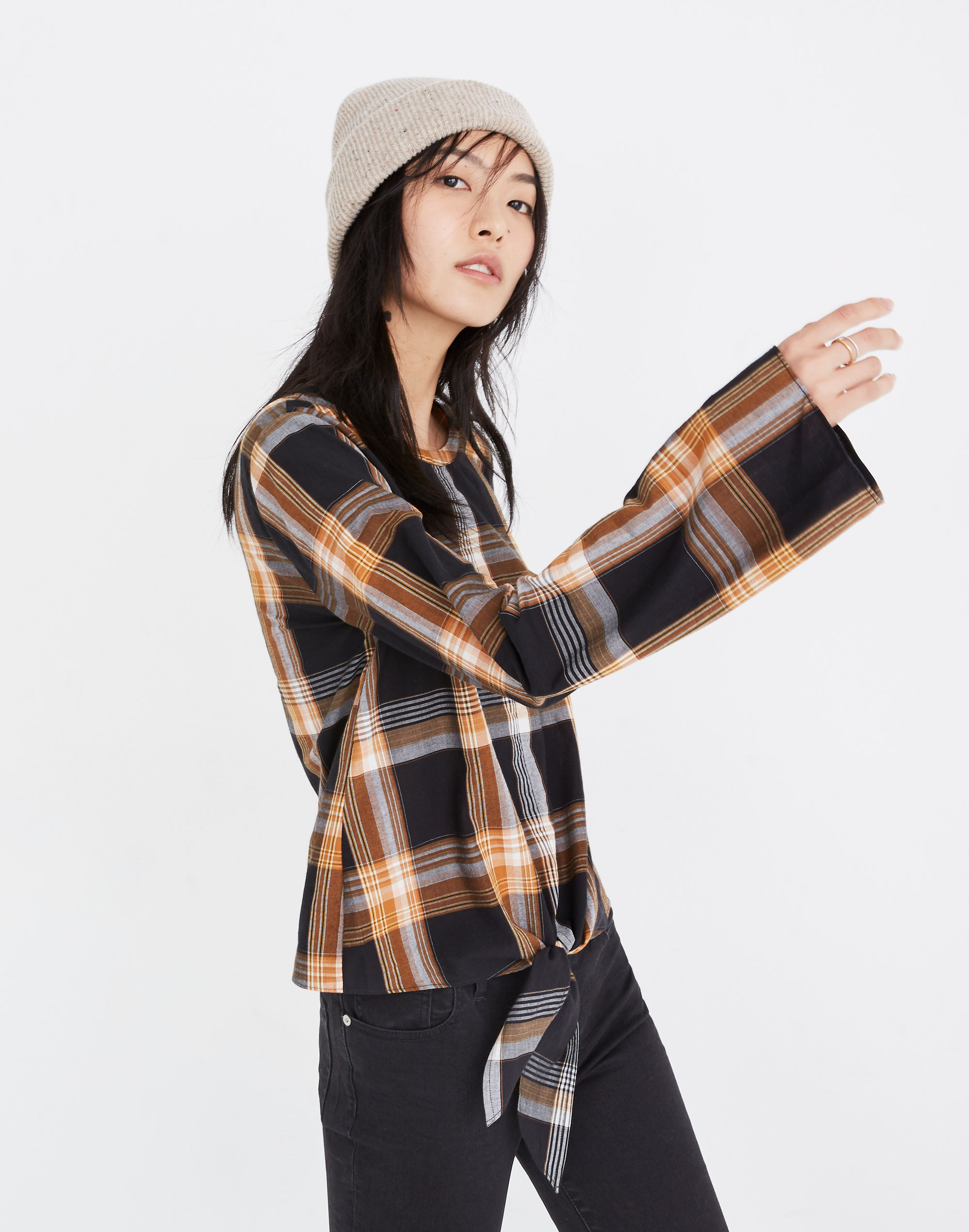 Plaid Tie-Front Keyhole Top
