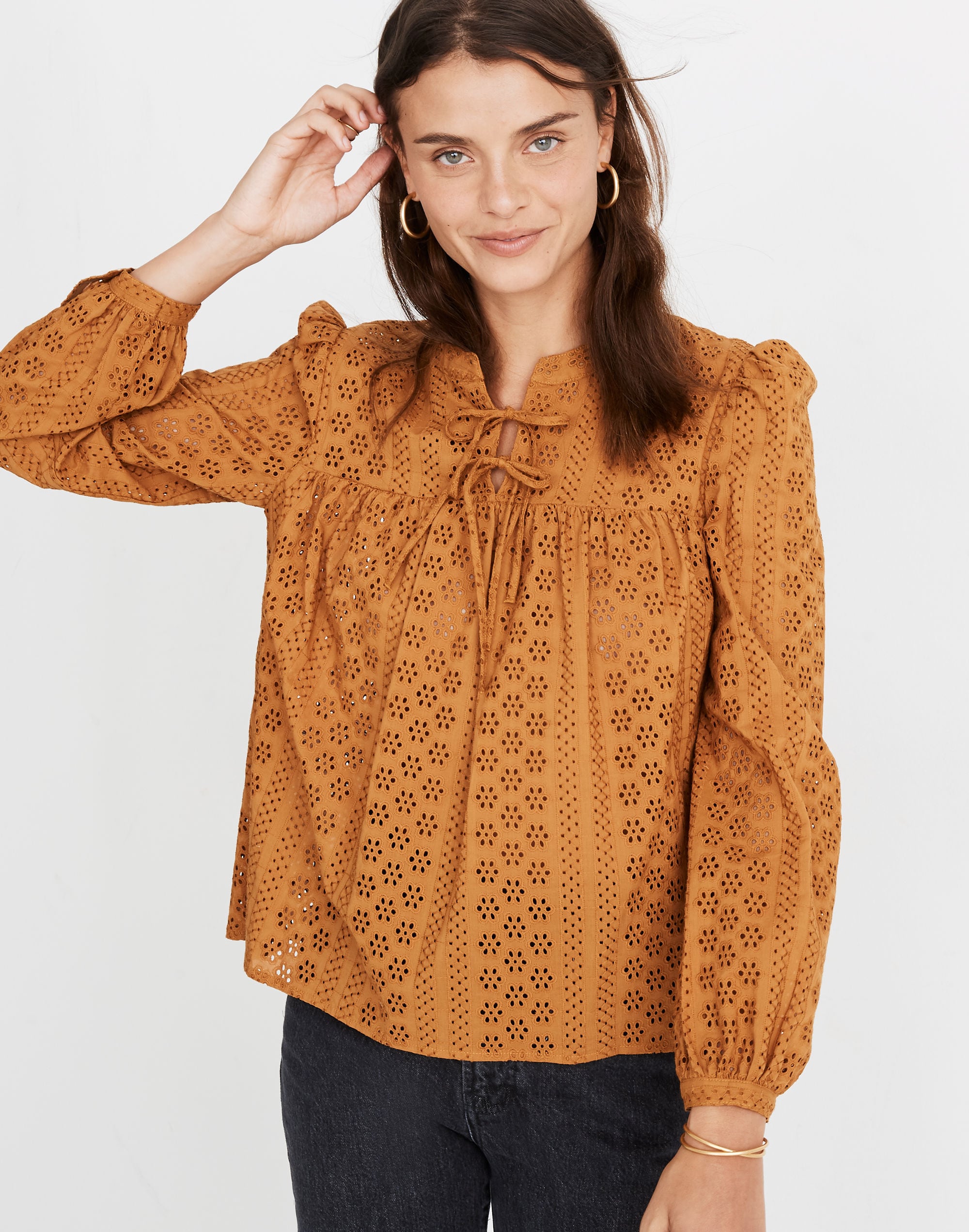 Eyelet Double-Tie Peasant Top