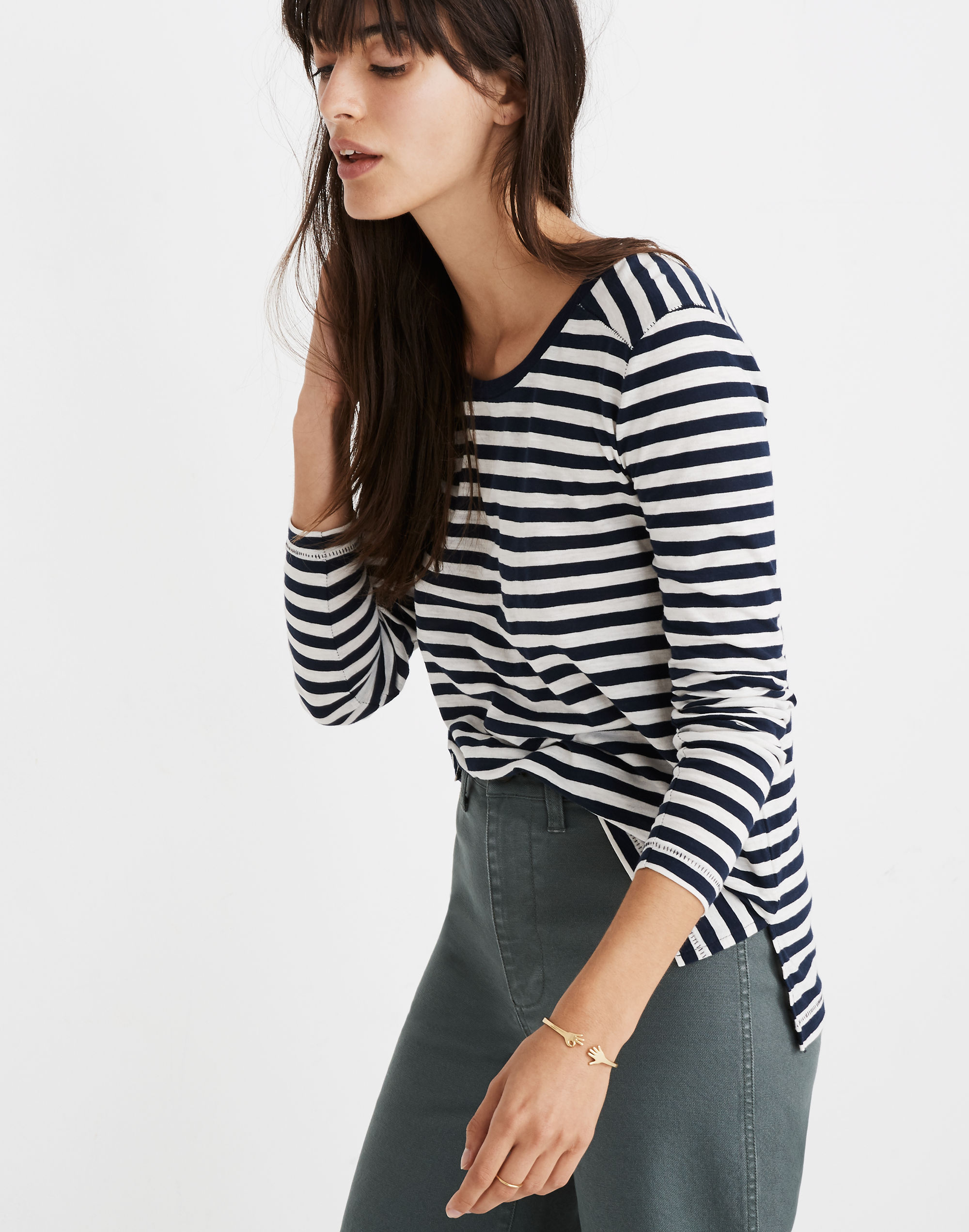 Whisper Cotton Long-Sleeve Crewneck Tee in Lynda Stripe