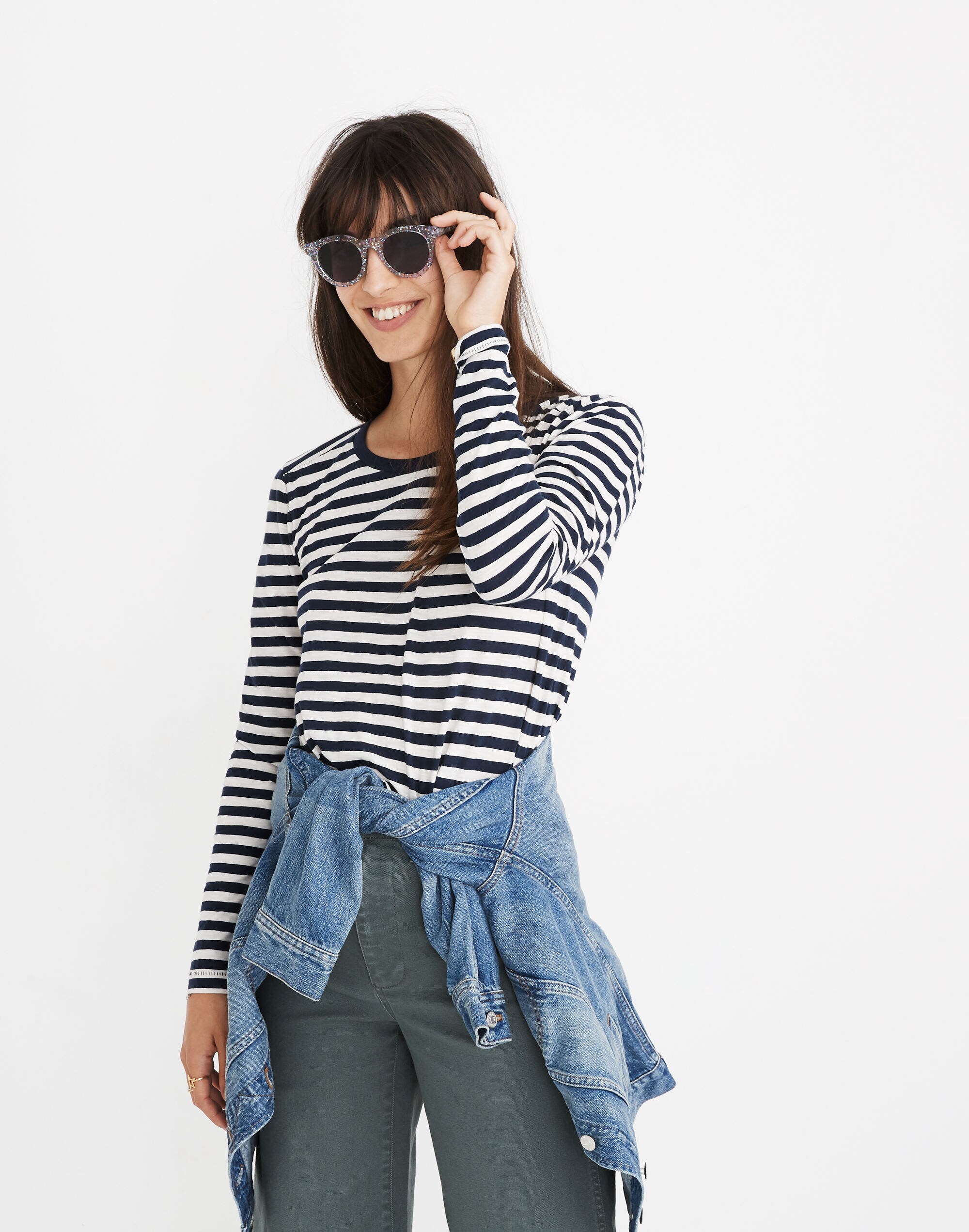 Whisper Cotton Long-Sleeve Crewneck Tee in Lynda Stripe