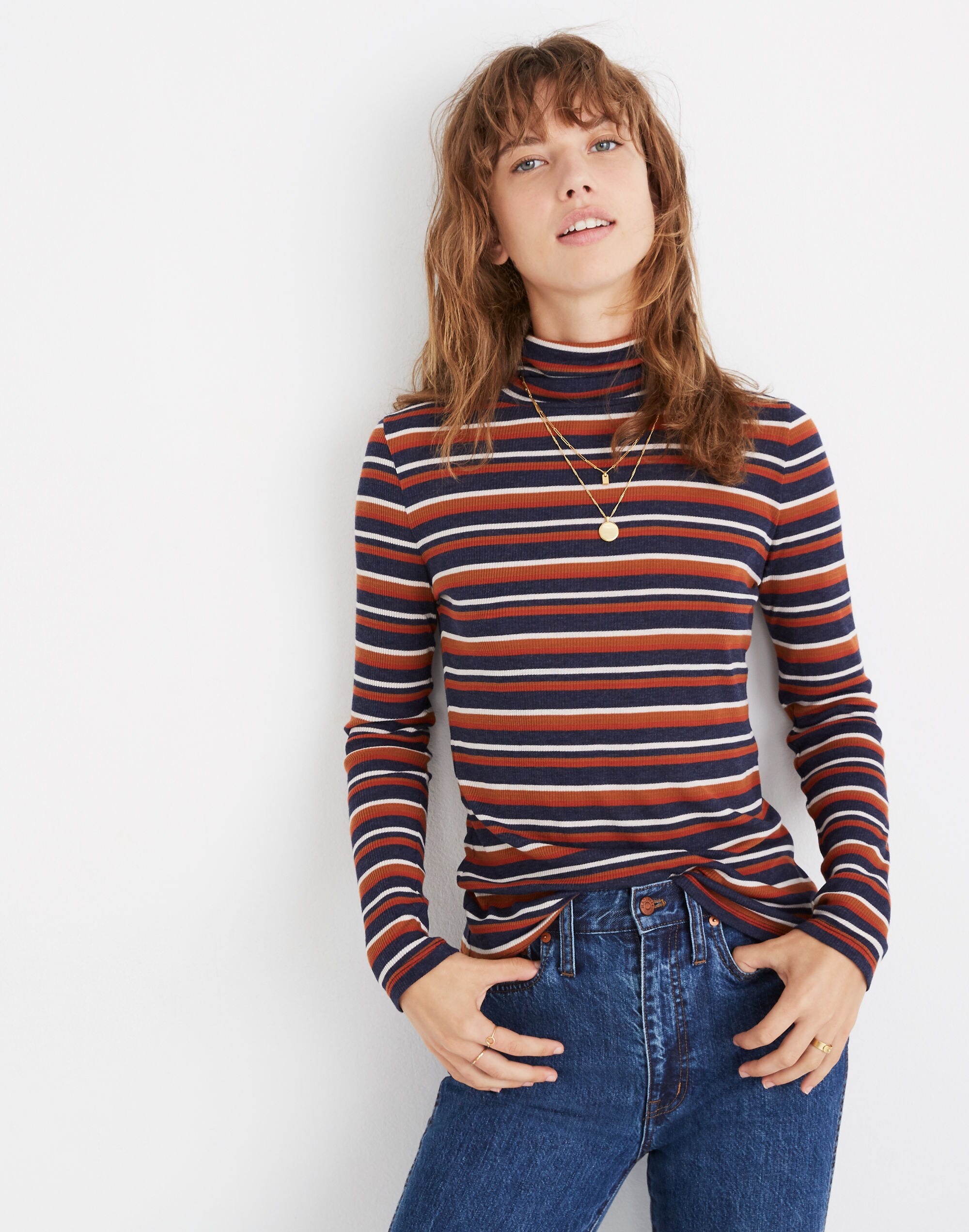 Fine Ribbed Turtleneck Top in Brendan Stripe